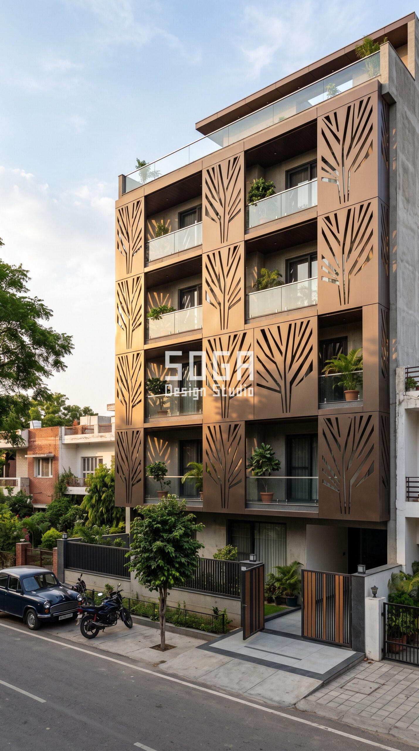 Facade Design in Nagpur & India 2026: 4 Metal Facade Ideas 4 Parametric Bough Screen bronze acp facade, Chandigarh - SOGA Design Studio