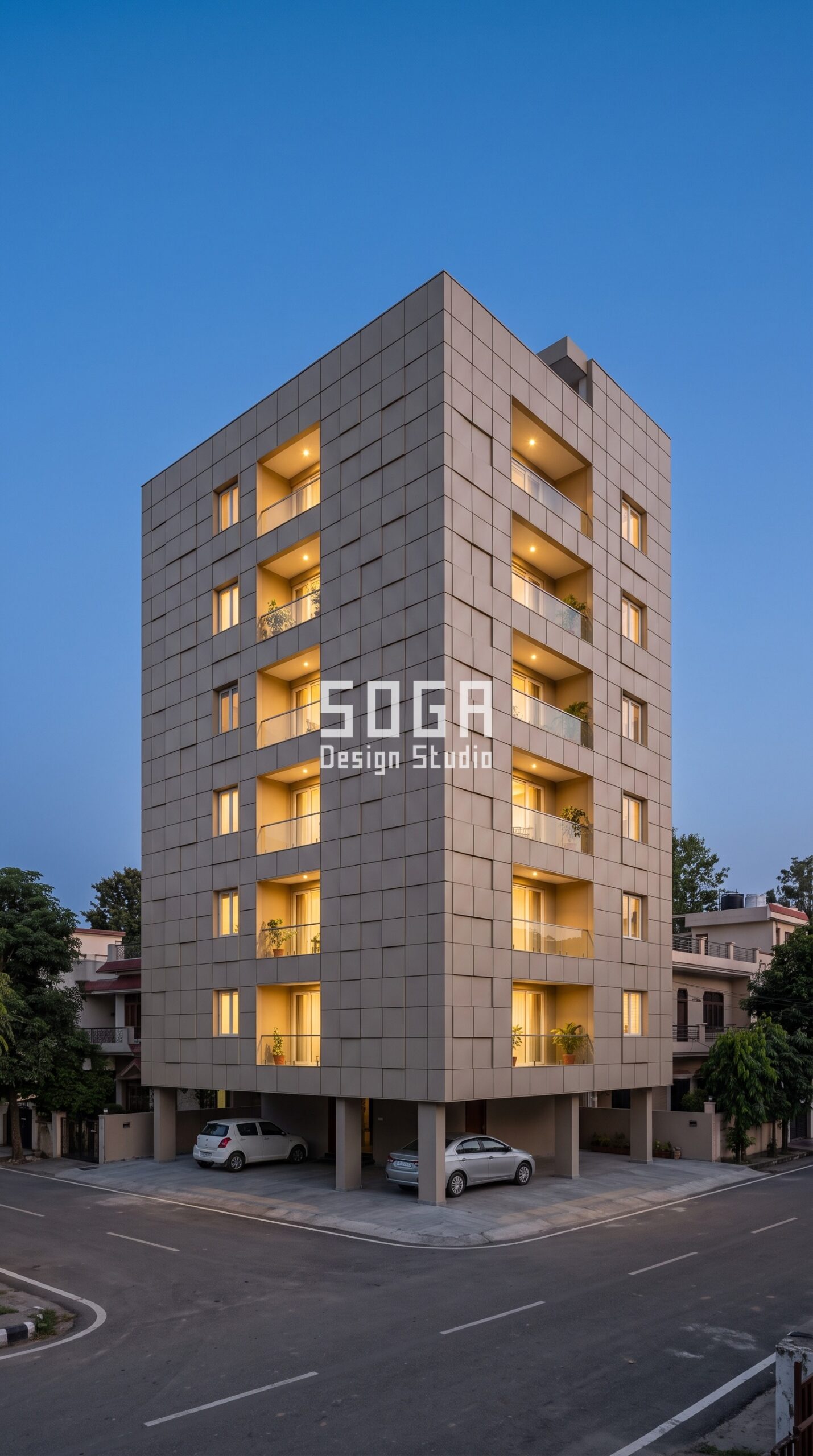 Parametric Pixel Relief ral 1019 grey beige steel facade, GMS Road, Dehradun - SOGA Design Studio