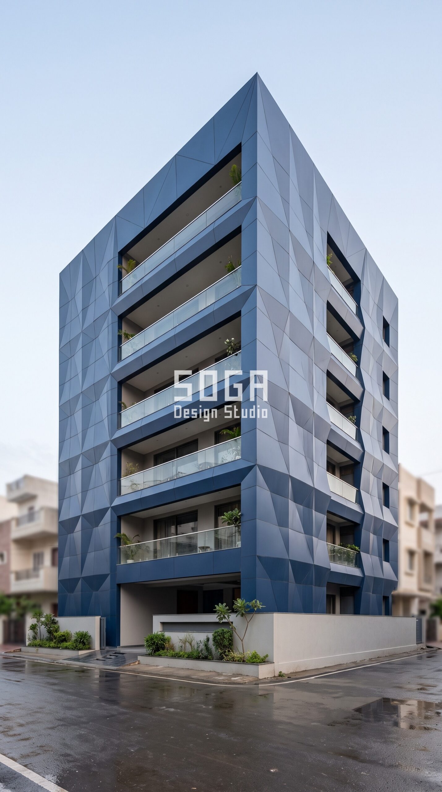 Parametric Facet Prism navy blue acp facade, Vijay Nagar, Indore - SOGA Design Studio