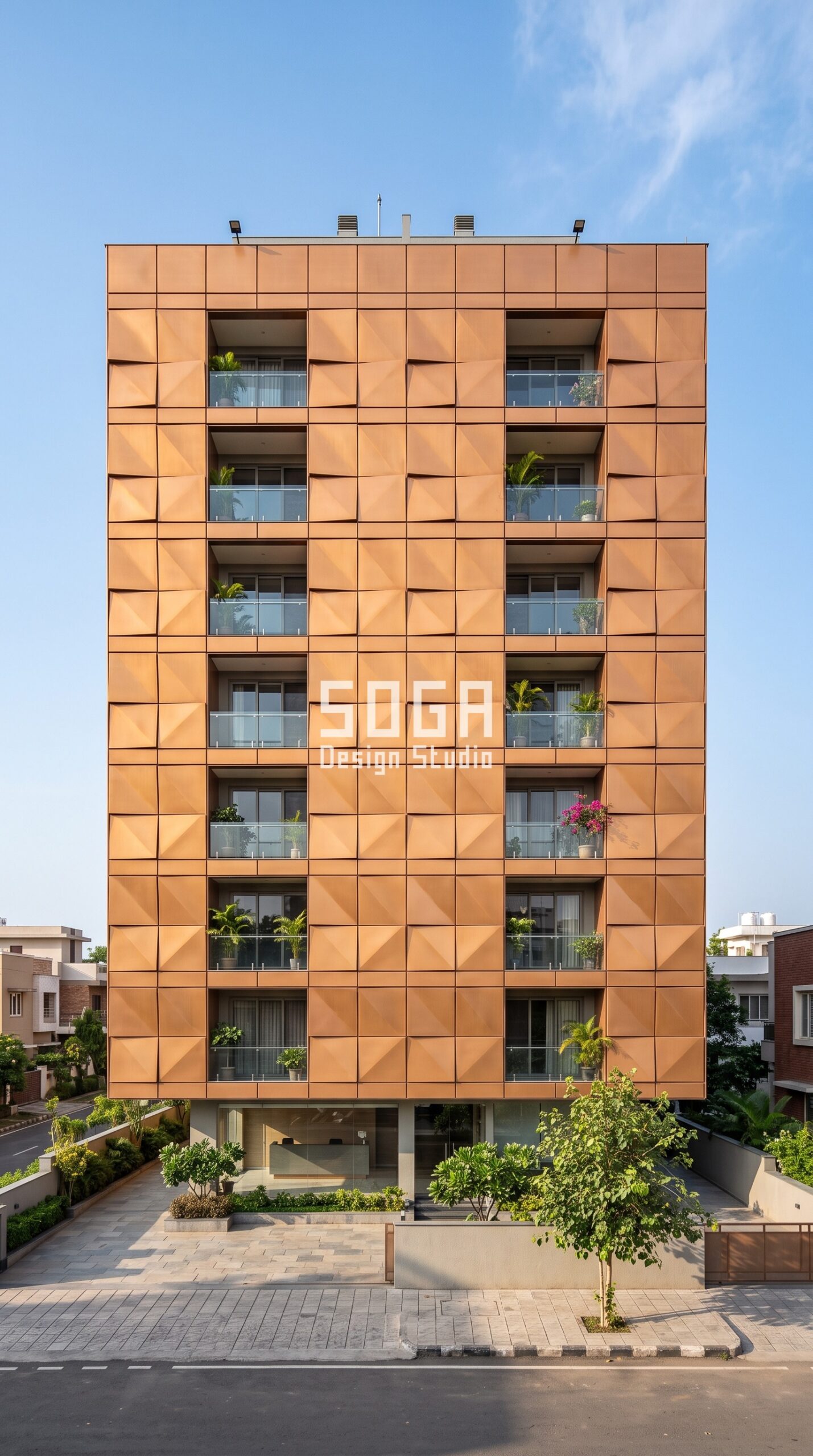 Parametric Pinwheel Grid burnished honey copper sheeting facade, Shamla Hills, Bhopal - SOGA Design Studio