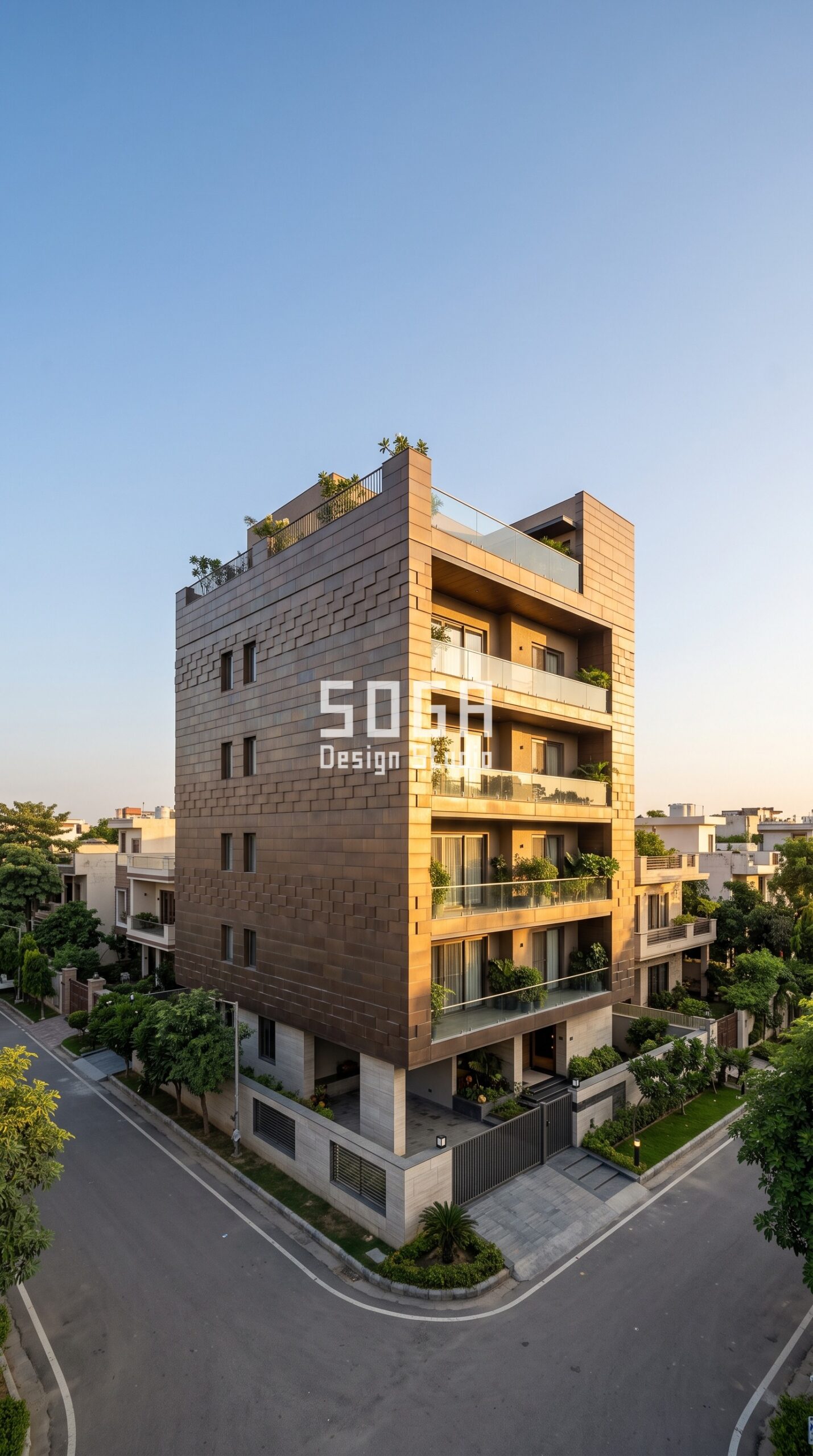 Parametric Mosaic Step iridescent bronze facade, Nirvana Country, Gurugram - SOGA Design Studio