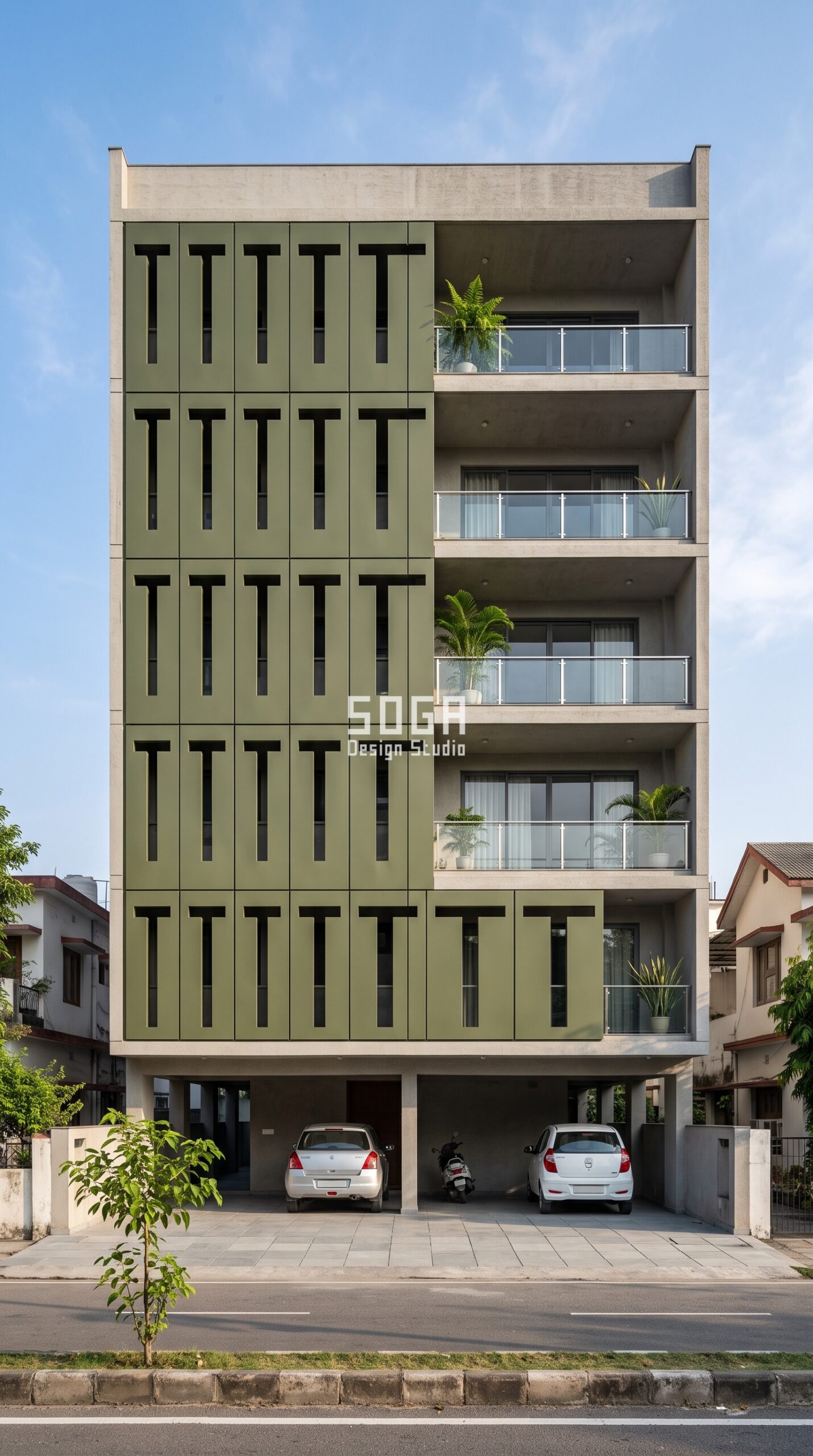 Facade Colour Design in Dehradun & India 2026: Metal Guide 1 Parametric Notch Screen ral 6003 military olive green facade, Dehradun - SOGA Design Studio