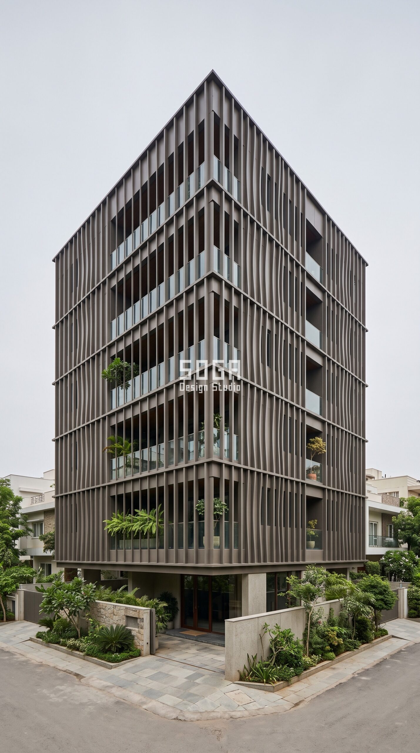 Facade Colour Design in Dehradun & India 2026: Metal Guide 2 Parametric Bow Weave ral 8019 grey brown steel facade, Banjara Hills, Hyderabad - SOGA Design Studio