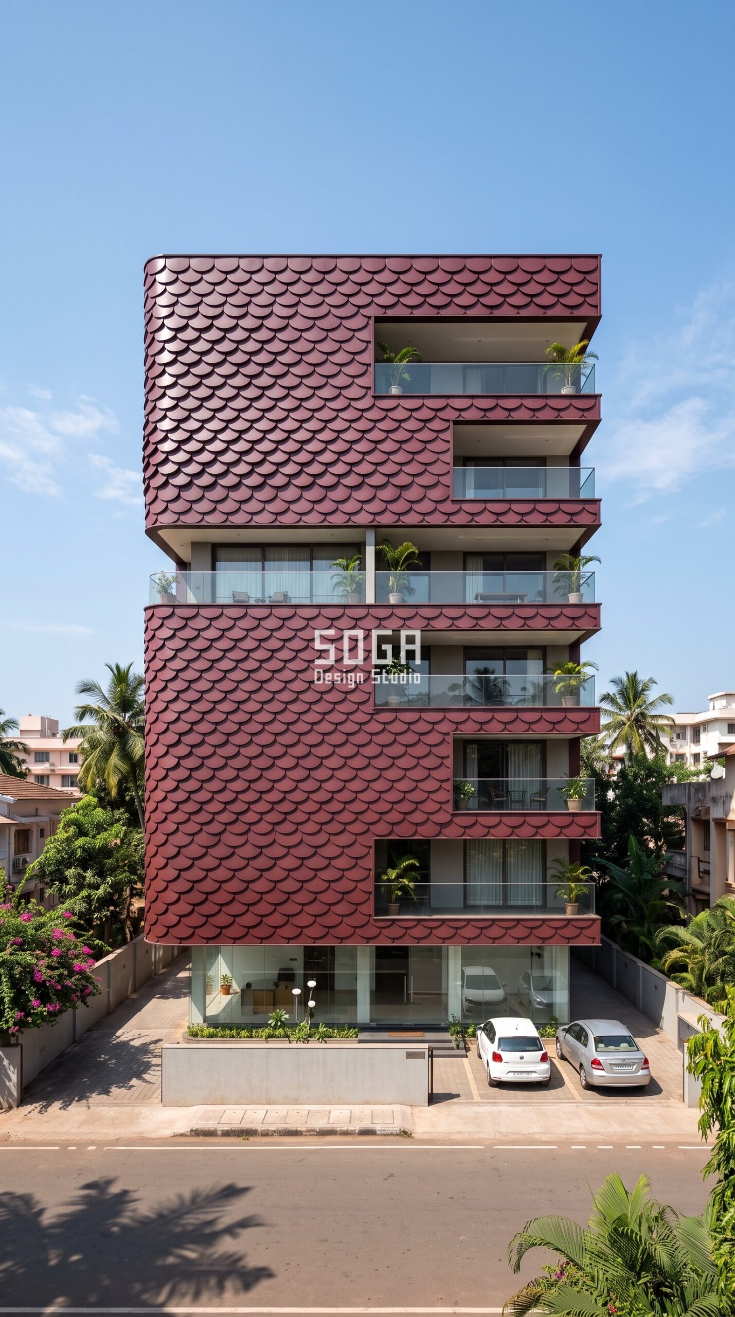 Facade Colour Design in Dehradun & India 2026: Metal Guide 3 Parametric Scale Shell ral 3005 wine red steel facade, Dona Paula, Goa - SOGA Design Studio