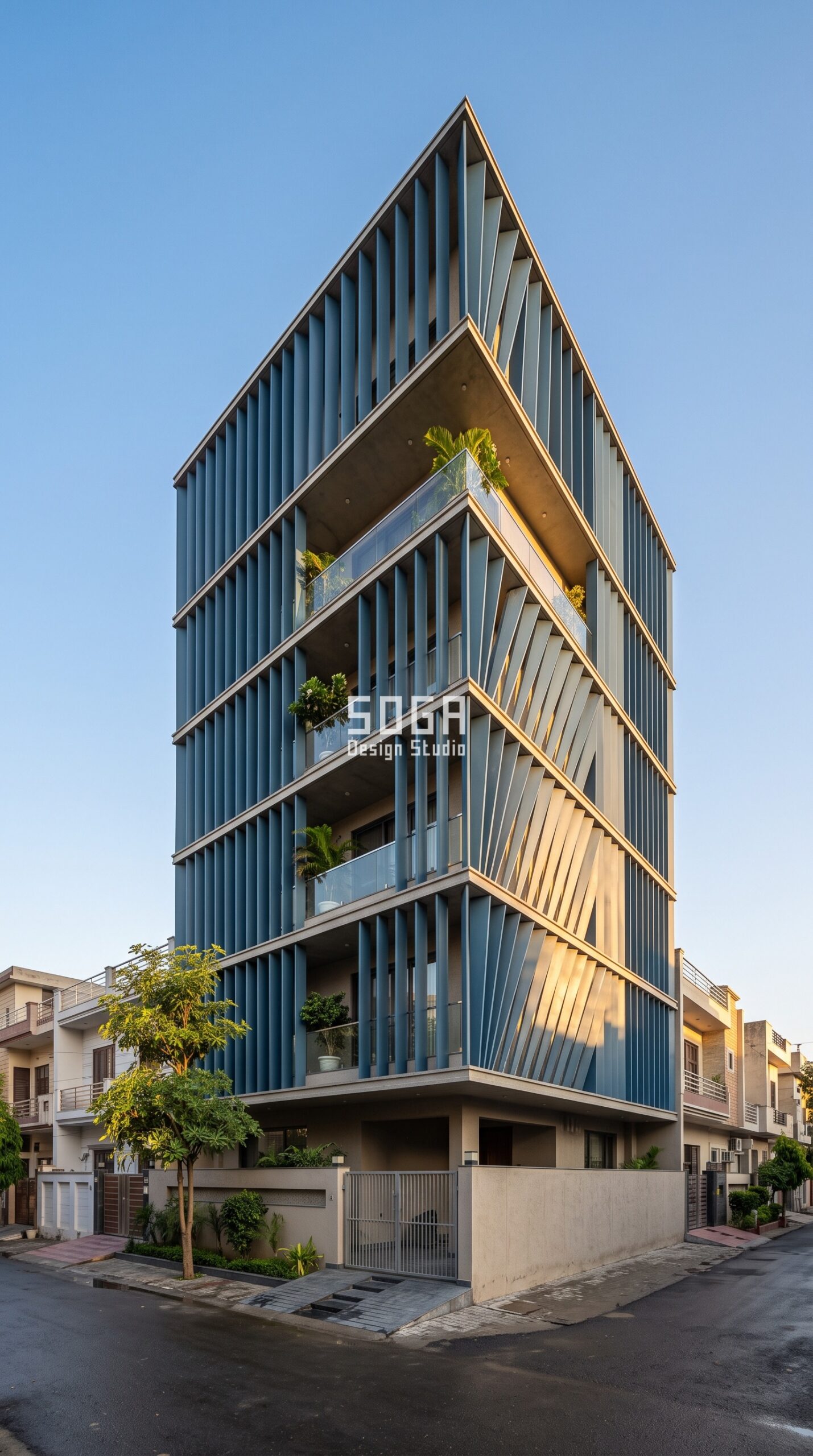Facade Colour Design in Dehradun & India 2026: Metal Guide 4 Parametric Fan Pulse slate ocean blue steel facade, BRS Nagar, Ludhiana - SOGA Design Studio