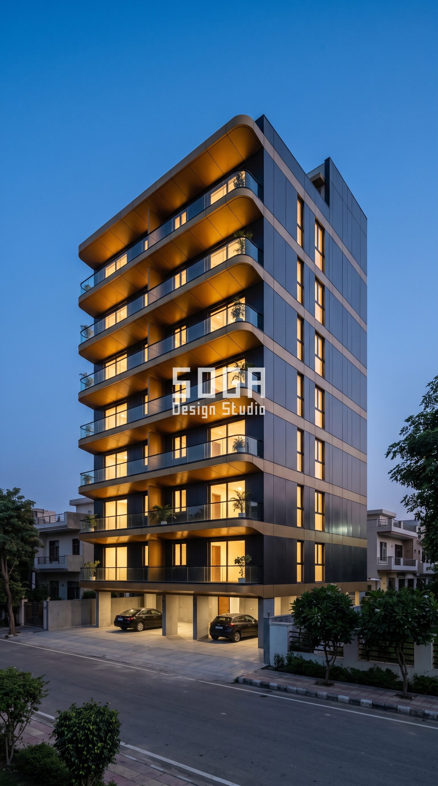 Facade Depth Guide India 2026: How Deep Should It Be? 1 Parametric Crest Shell amber gold facade, Gurugram - SOGA Design Studio