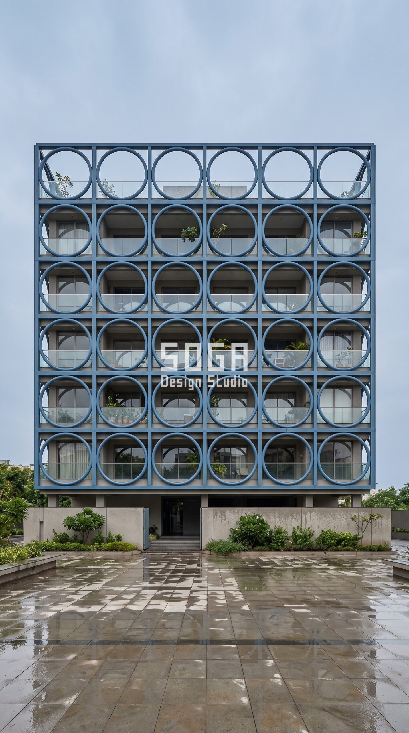 Facade Depth Guide India 2026: How Deep Should It Be? 2 Parametric Ring Weave slate ocean blue steel facade, Bodakdev, Ahmedabad - SOGA Design Studio