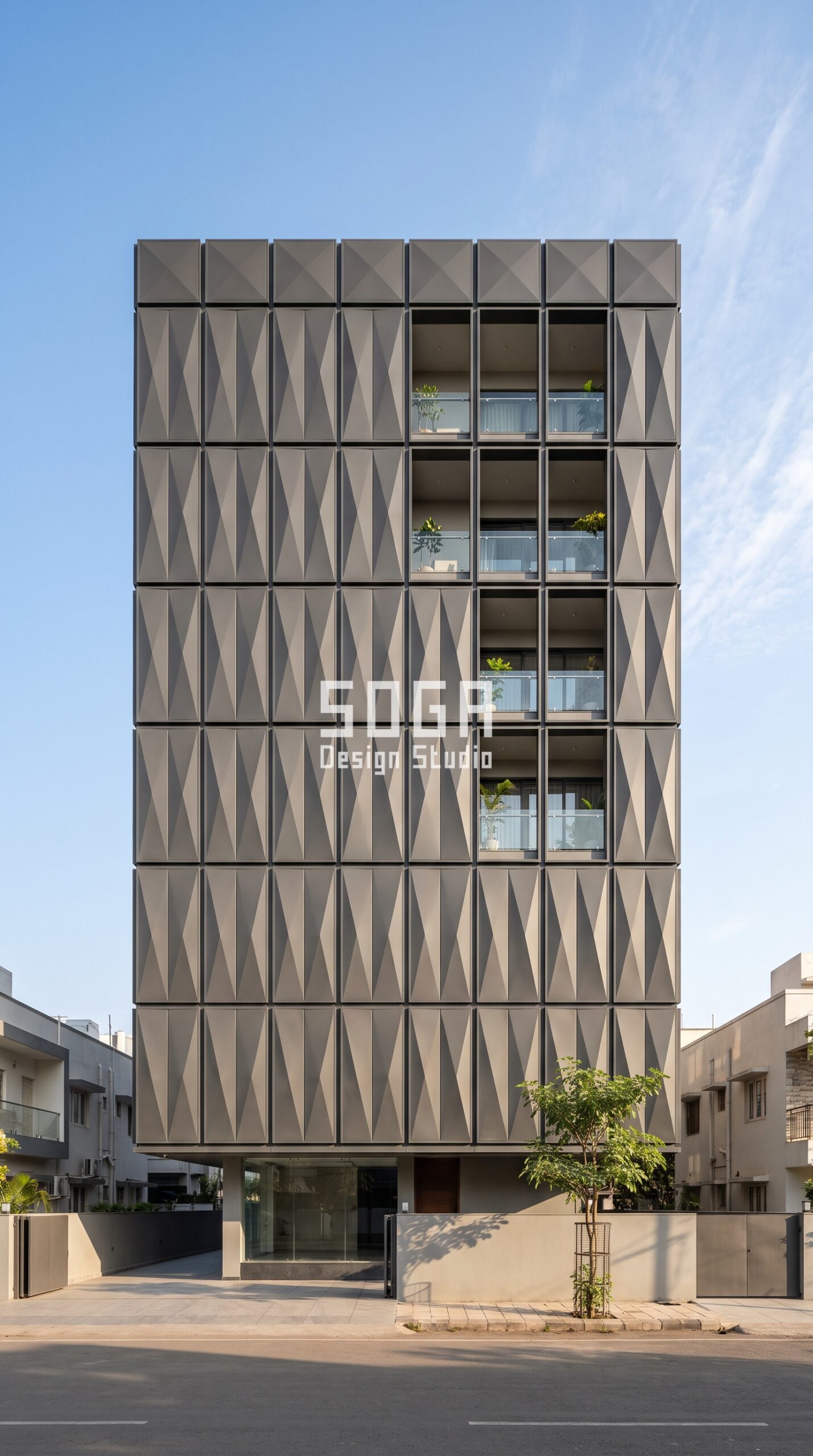 Facade Depth Guide India 2026: How Deep Should It Be? 3 Parametric Prism Grid ral 7022 umbra grey steel facade, Dharampeth, Nagpur - SOGA Design Studio