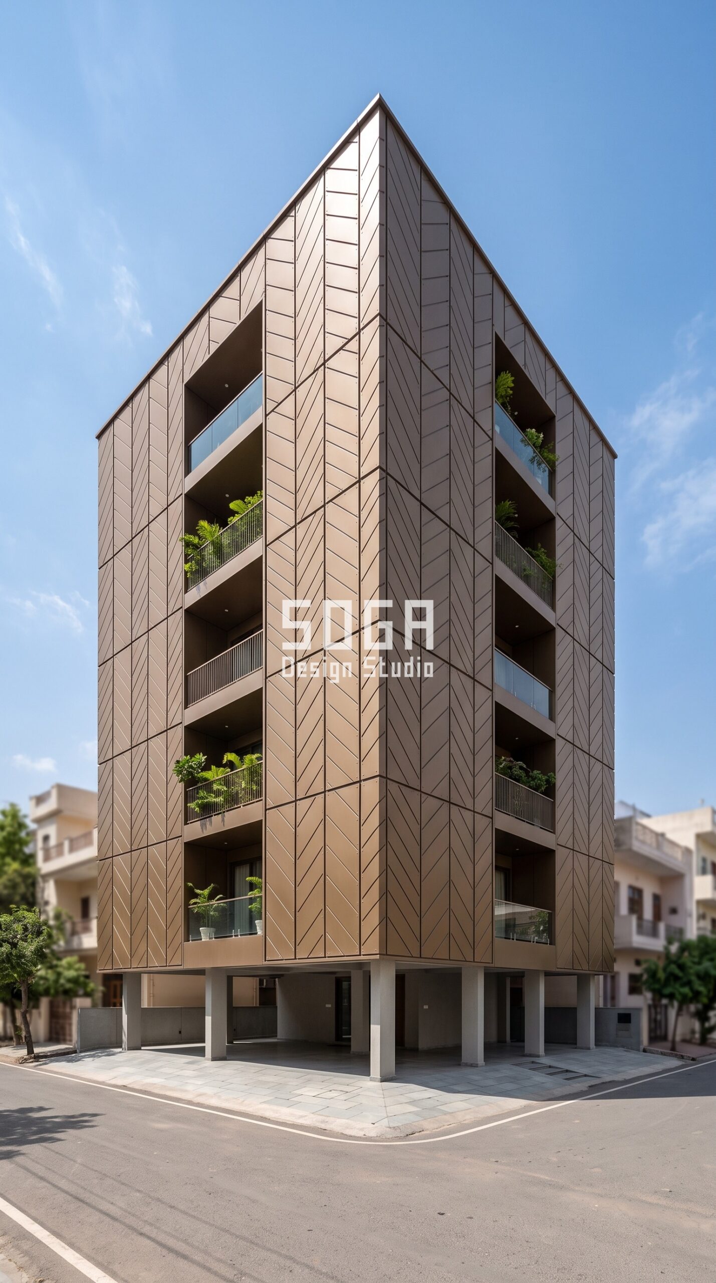 Parametric Herringbone Grid brushed bronze acp facade, C-Scheme, Jaipur - SOGA Design Studio