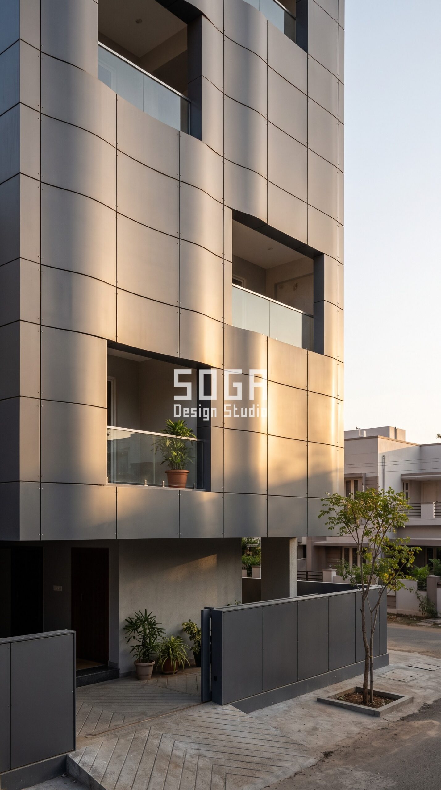 Parametric Drift Shell ral 7024 graphite grey steel facade, RS Puram, Coimbatore - SOGA Design Studio