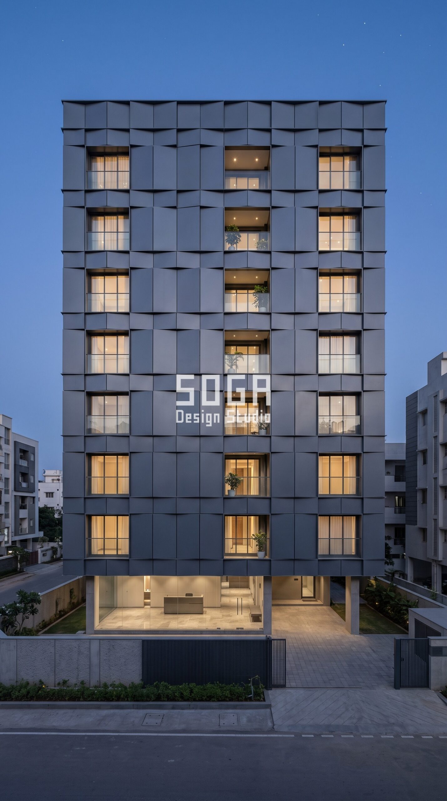 Parametric Cascade Shell ral 7015 slate grey steel facade, Film Nagar, Hyderabad - SOGA Design Studio