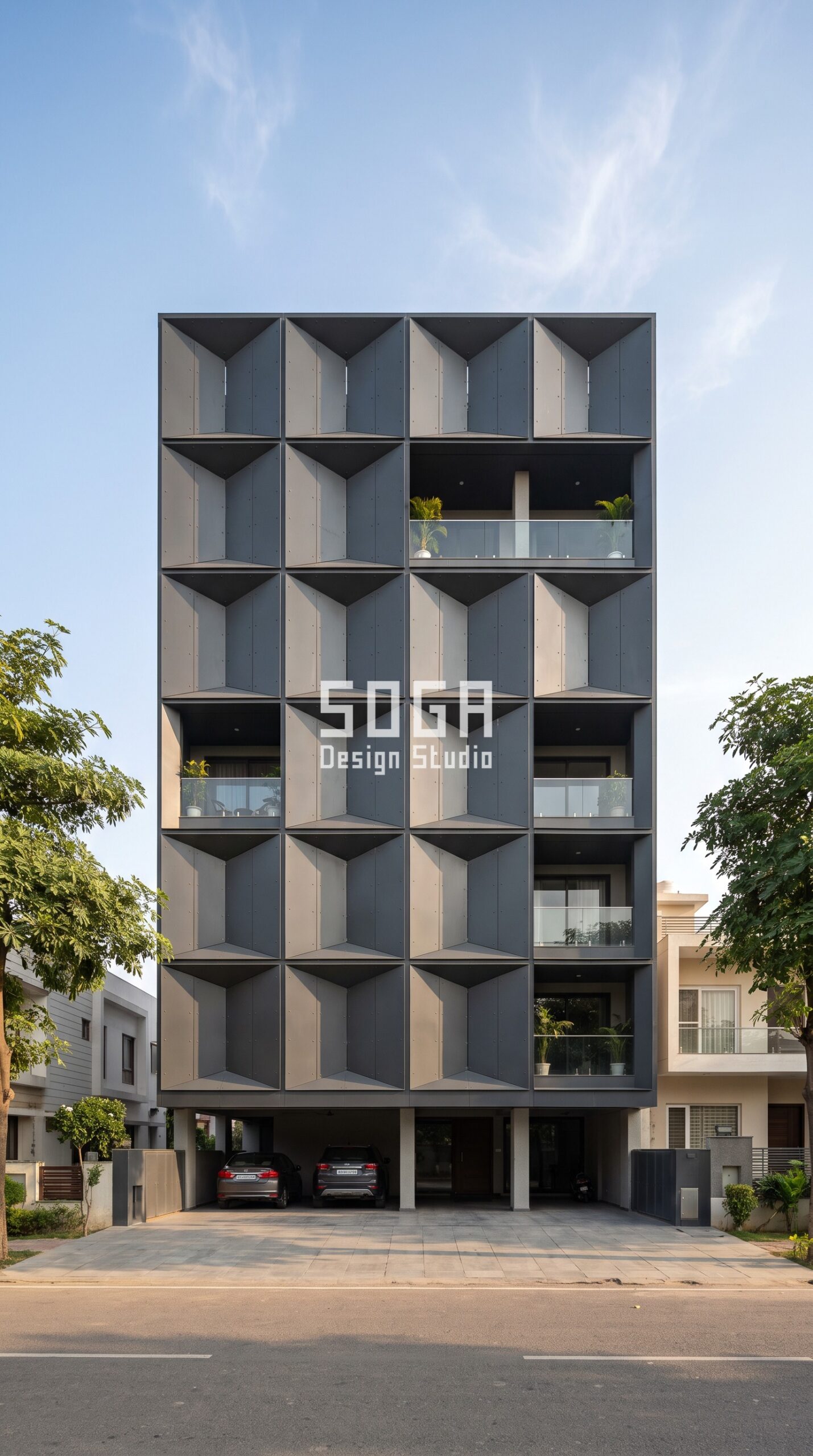 Facade Design in Gurugram & India 2026: Metal Facade Guide 1 Parametric Prism Grid ral 7021 black grey steel facade, Gurugram - SOGA Design Studio
