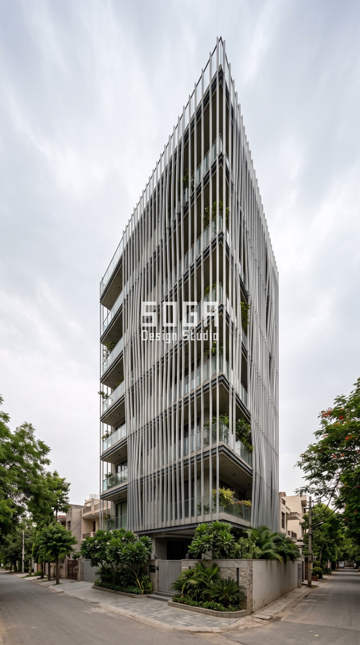 Facade Design in Gurugram & India 2026: Metal Facade Guide 2 Parametric Bow Weave brushed silver facade, Gurugram - SOGA Design Studio