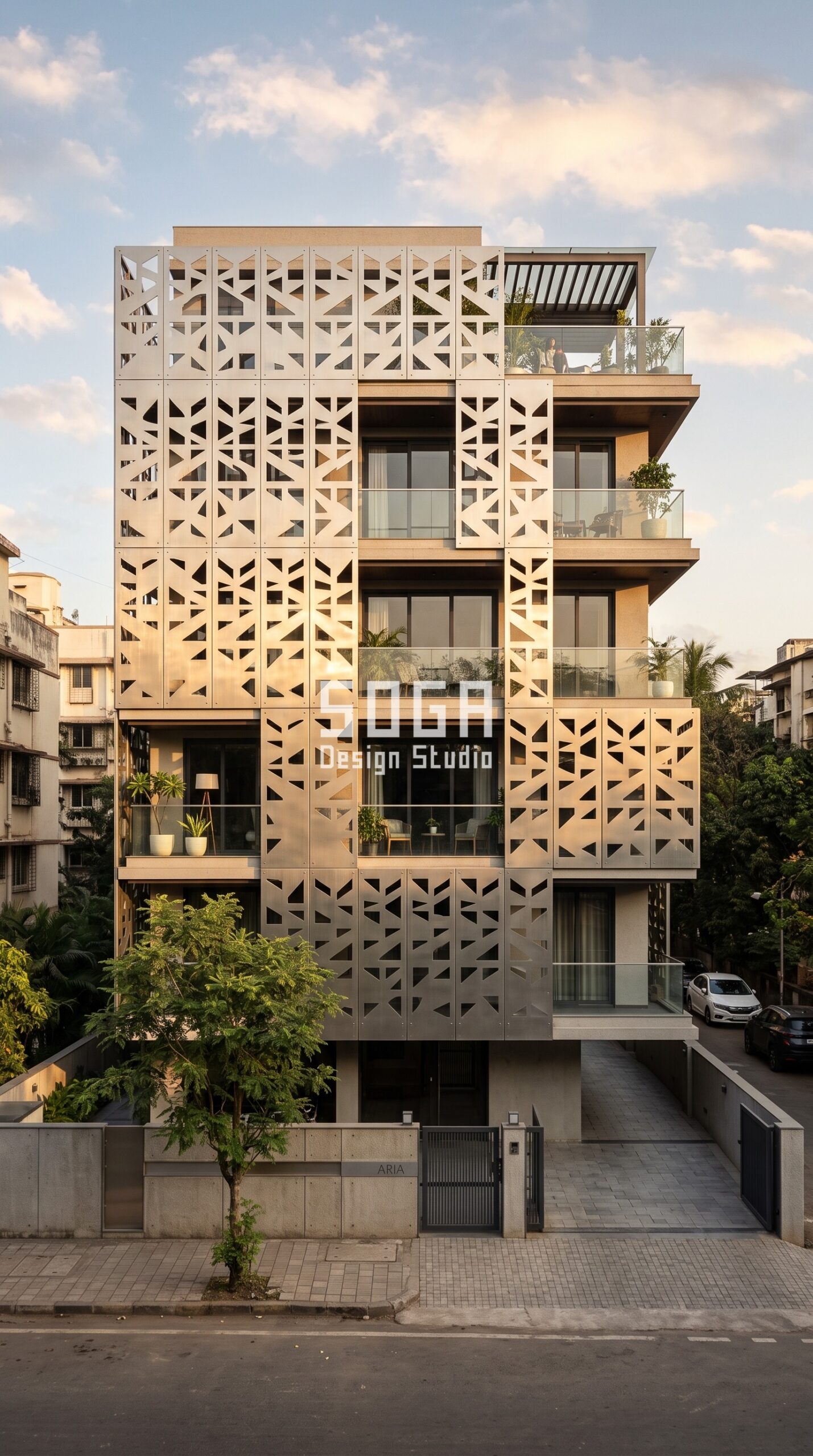 Facade Design in Gurugram & India 2026: Metal Facade Guide 4 Parametric Etch Screen brushed stainless steel facade, Powai, Mumbai - SOGA Design Studio