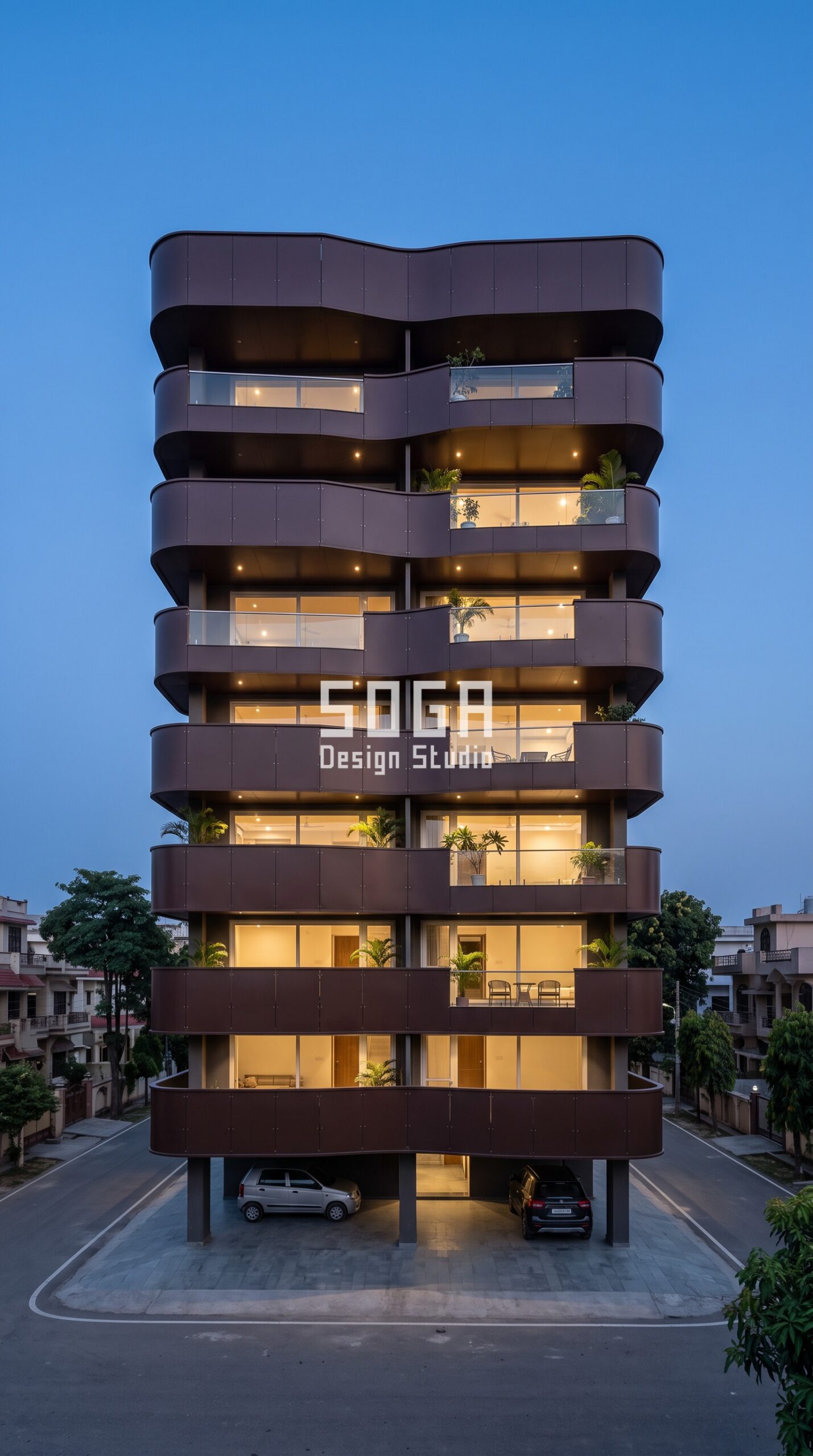 Parametric Current Shell matte rich dark chocolate brown steel cladding facade Dehradun - SOGA Design Studio