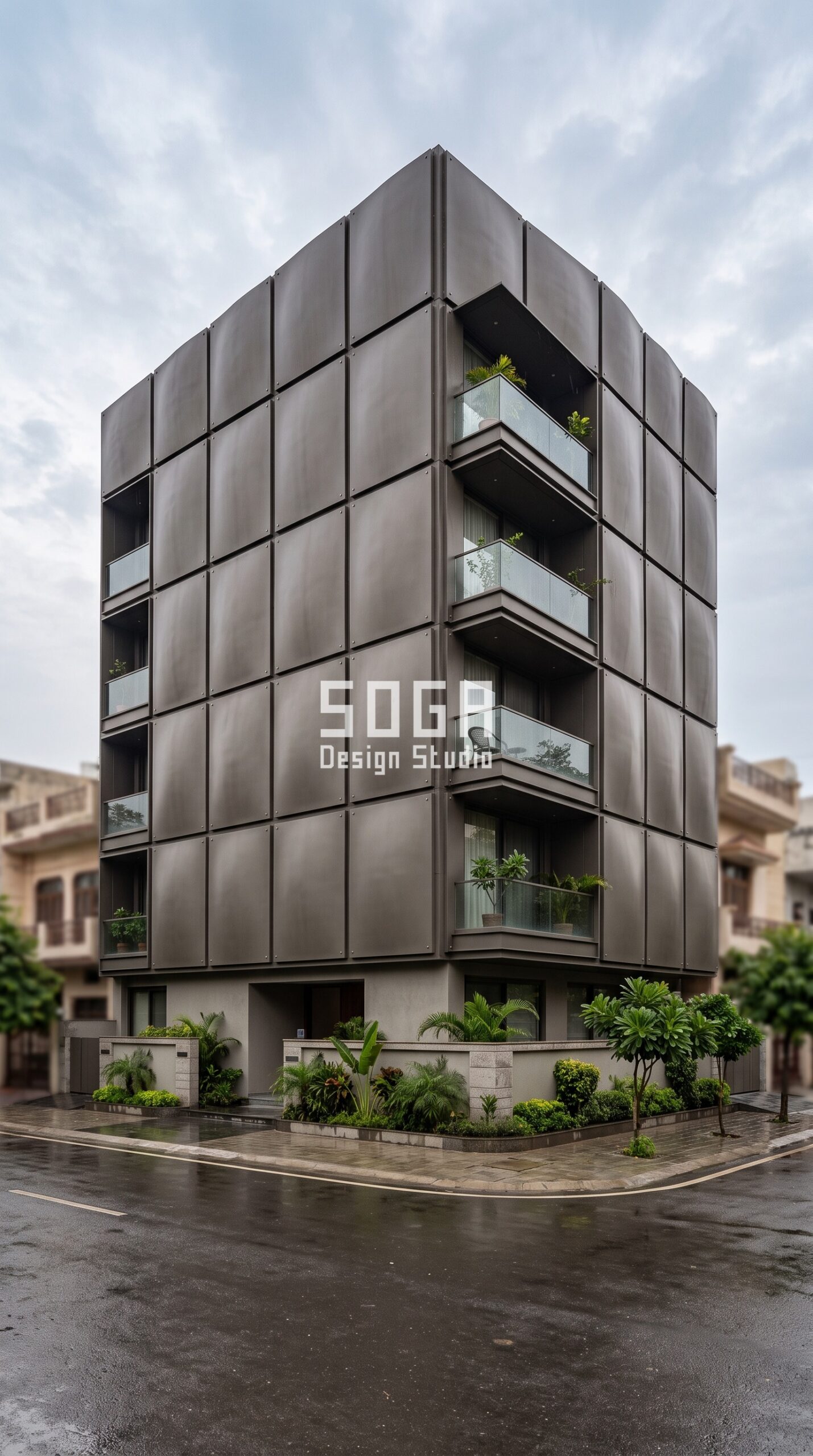 Dehradun & India Facade Design 2026: Parametric Metal Ideas 2 Parametric Pillow Grid ral 7013 brown grey steel facade, Amritsar - SOGA Design Studio