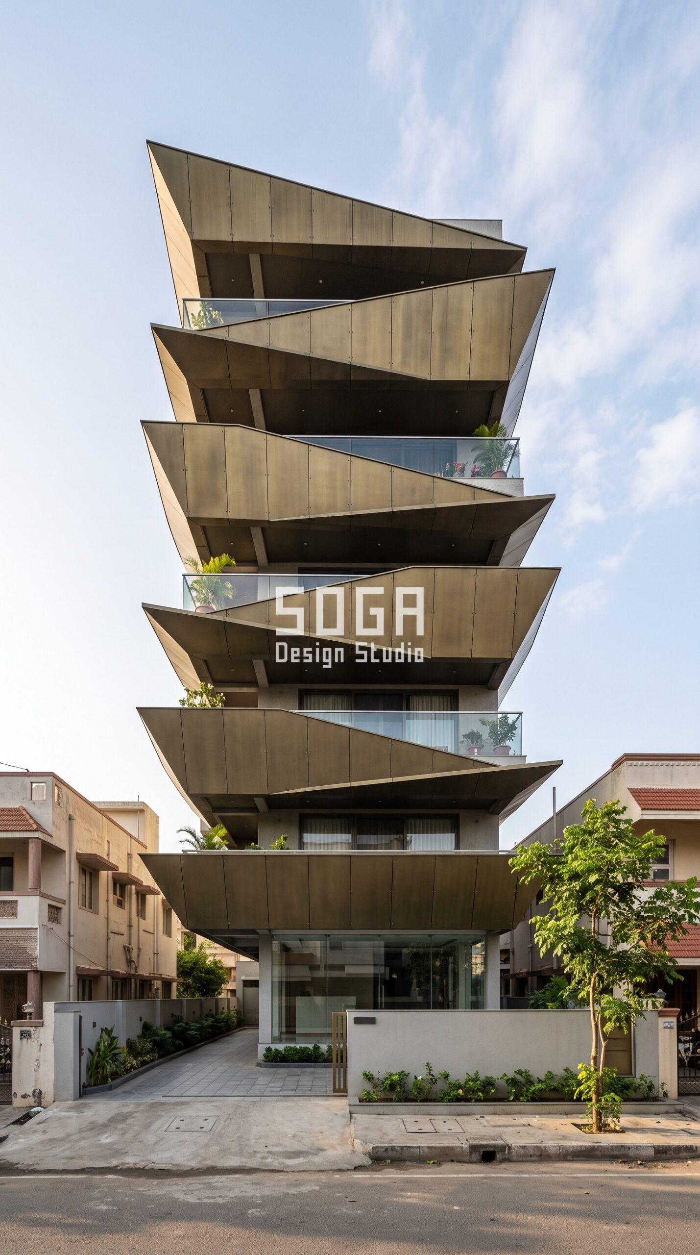 Dehradun & India Facade Design 2026: Parametric Metal Ideas 3 Parametric Chevron Pulse antique aged brass facade, Thiruvanmiyur, Chennai - SOGA Design Studio