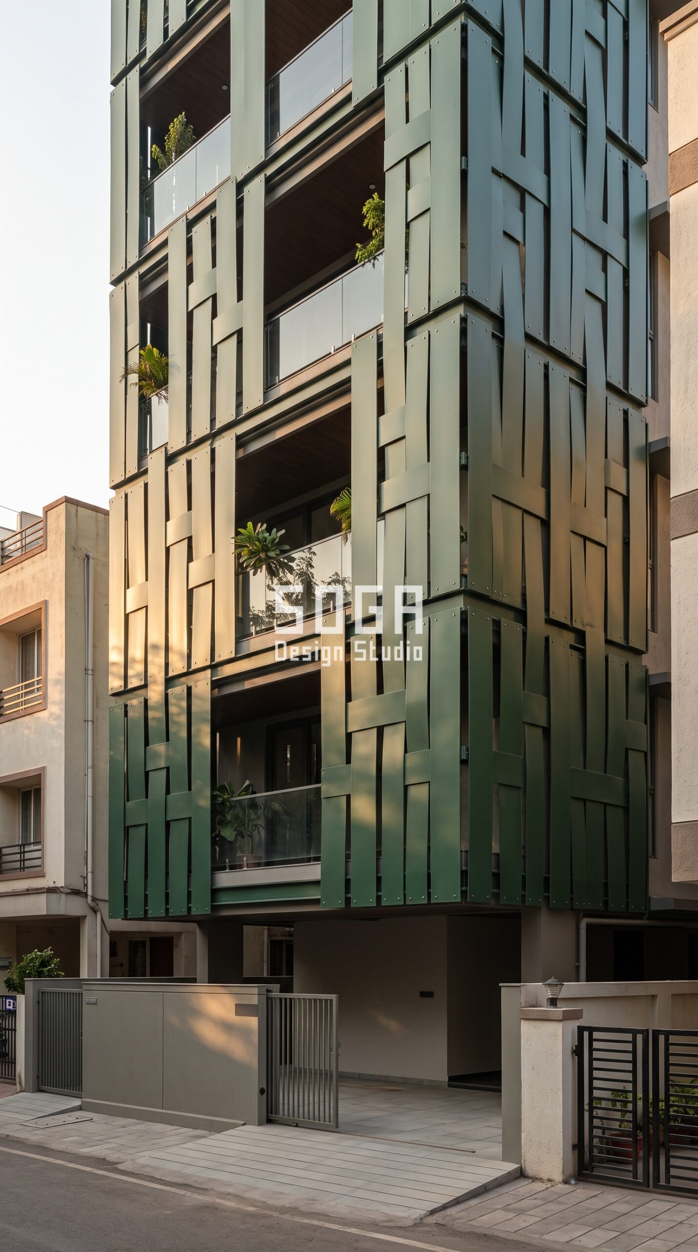 Dehradun & India Facade Design 2026: Parametric Metal Ideas 4 Parametric Interlace Weave ral 6009 fir green steel facade, Koregaon Park, Pune - SOGA Design Studio