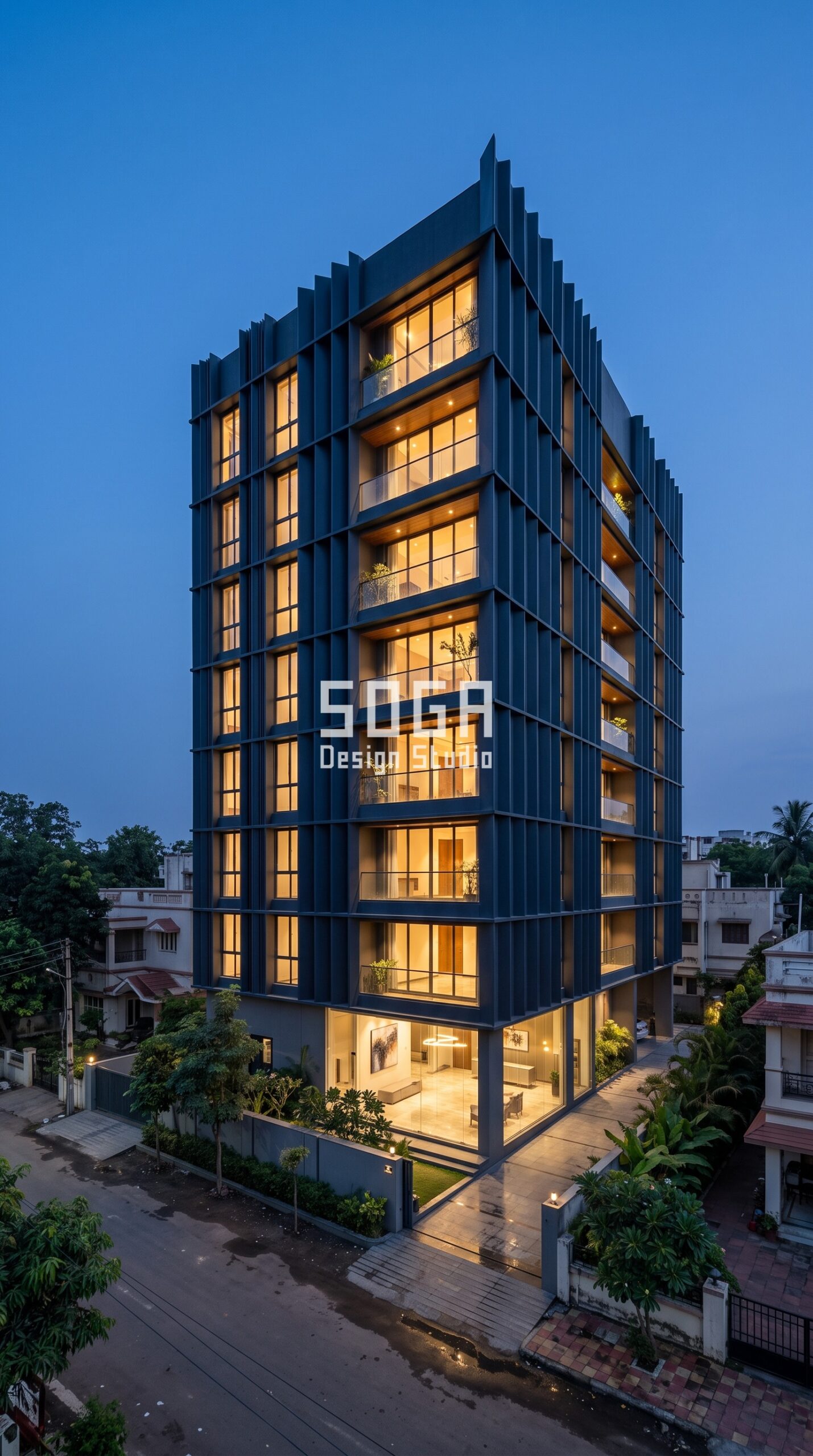 Facade Design in Goa & India 2026: Metal Facade Guide 3 Parametric Pleat Screen ral 5004 black blue steel facade, Vesu, Surat - SOGA Design Studio