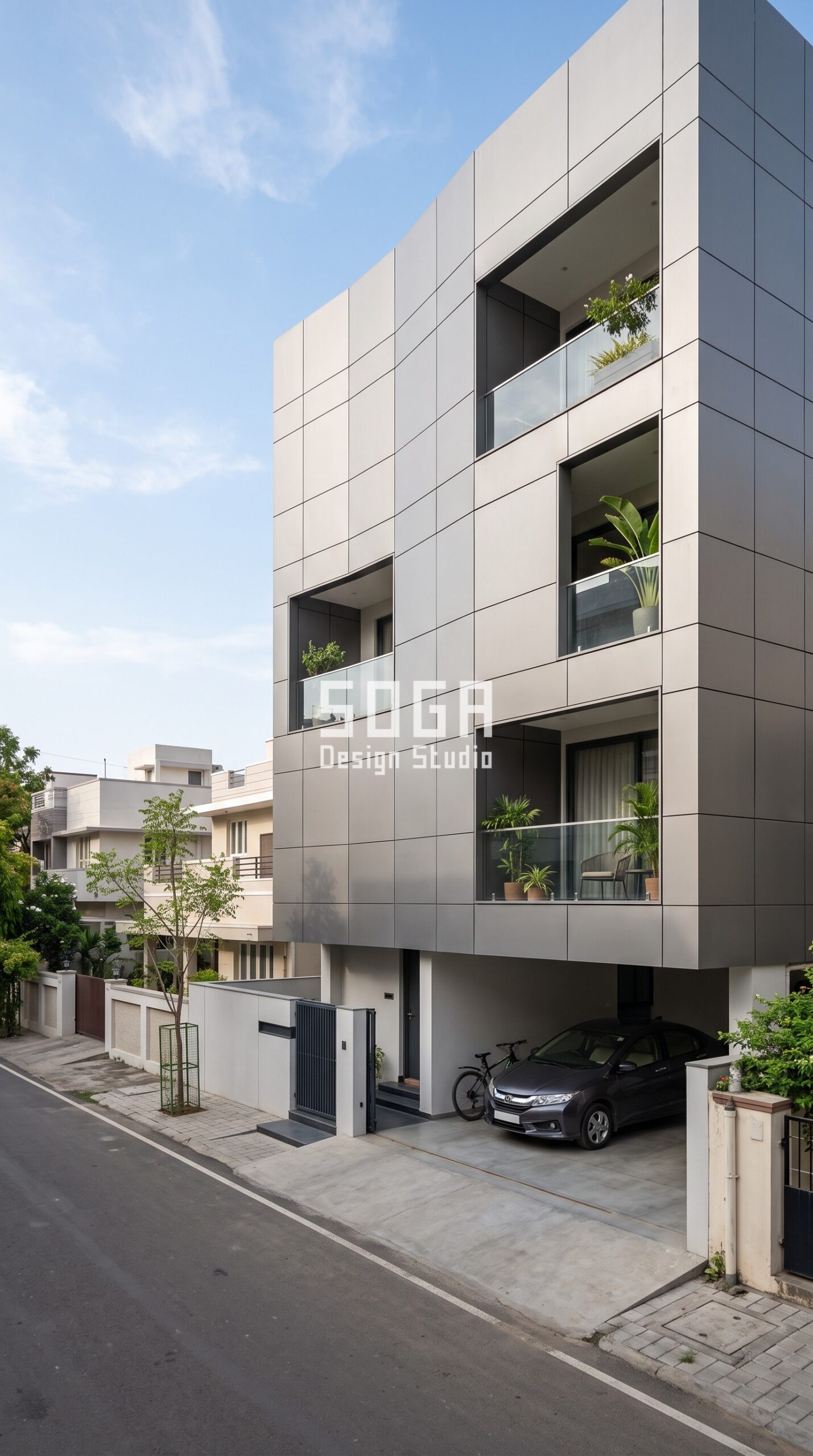 Facade Design in Chennai & India 2026: Metal Facade Guide 6 Parametric Meander Shell matte titanium grey anodized metal panels facade Chennai - SOGA Design Studio