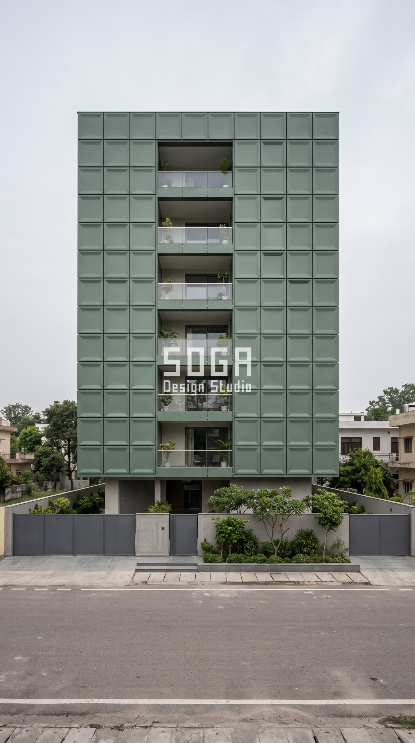 Facade Design in Chennai & India 2026: Metal Facade Guide 2 Parametric Swell Pulse sage green steel facade, Dehradun - SOGA Design Studio