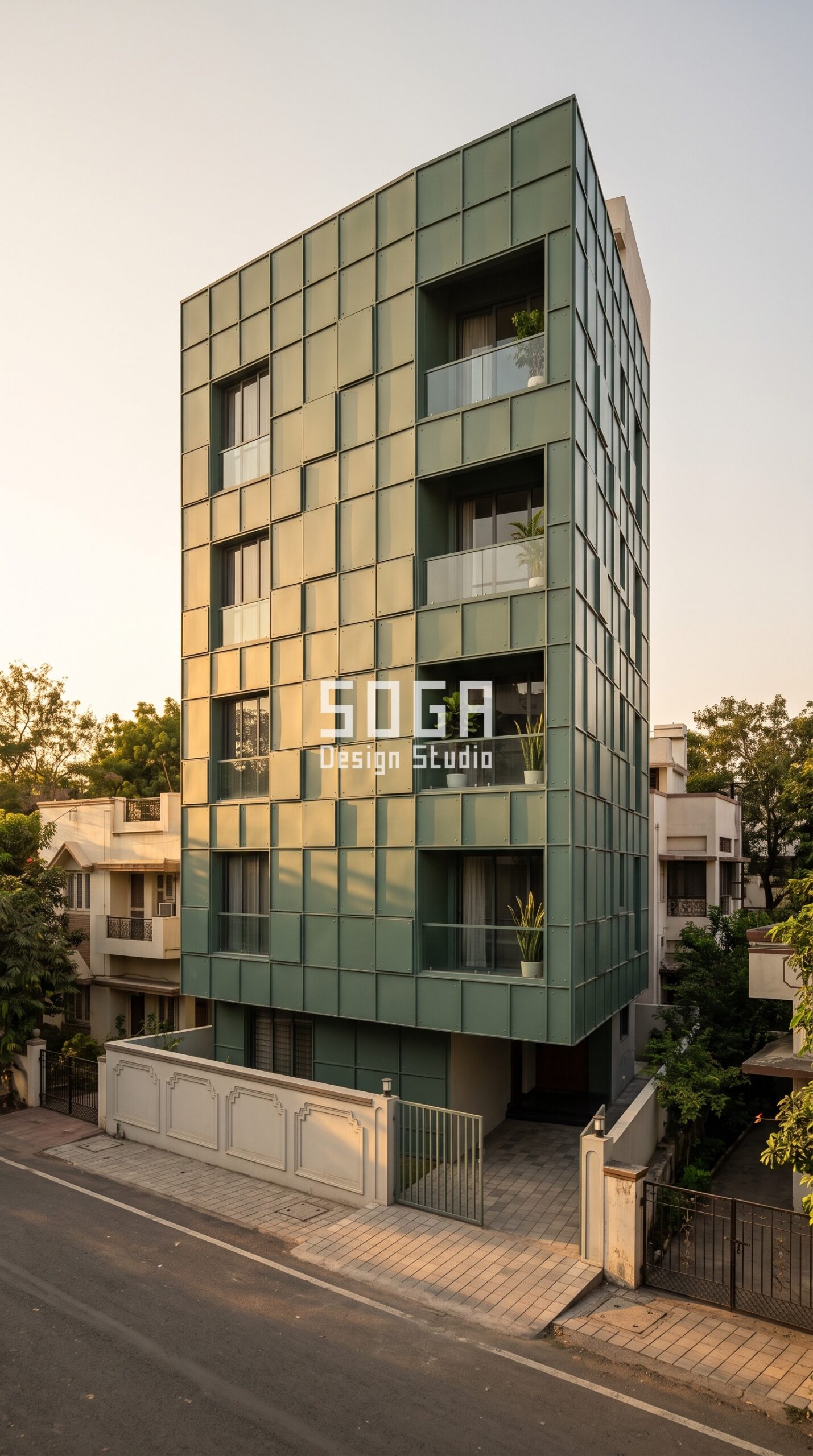 Facade Design in Chennai & India 2026: Metal Facade Guide 4 Parametric Cassette Grid sage green steel facade, Dharampeth, Nagpur - SOGA Design Studio