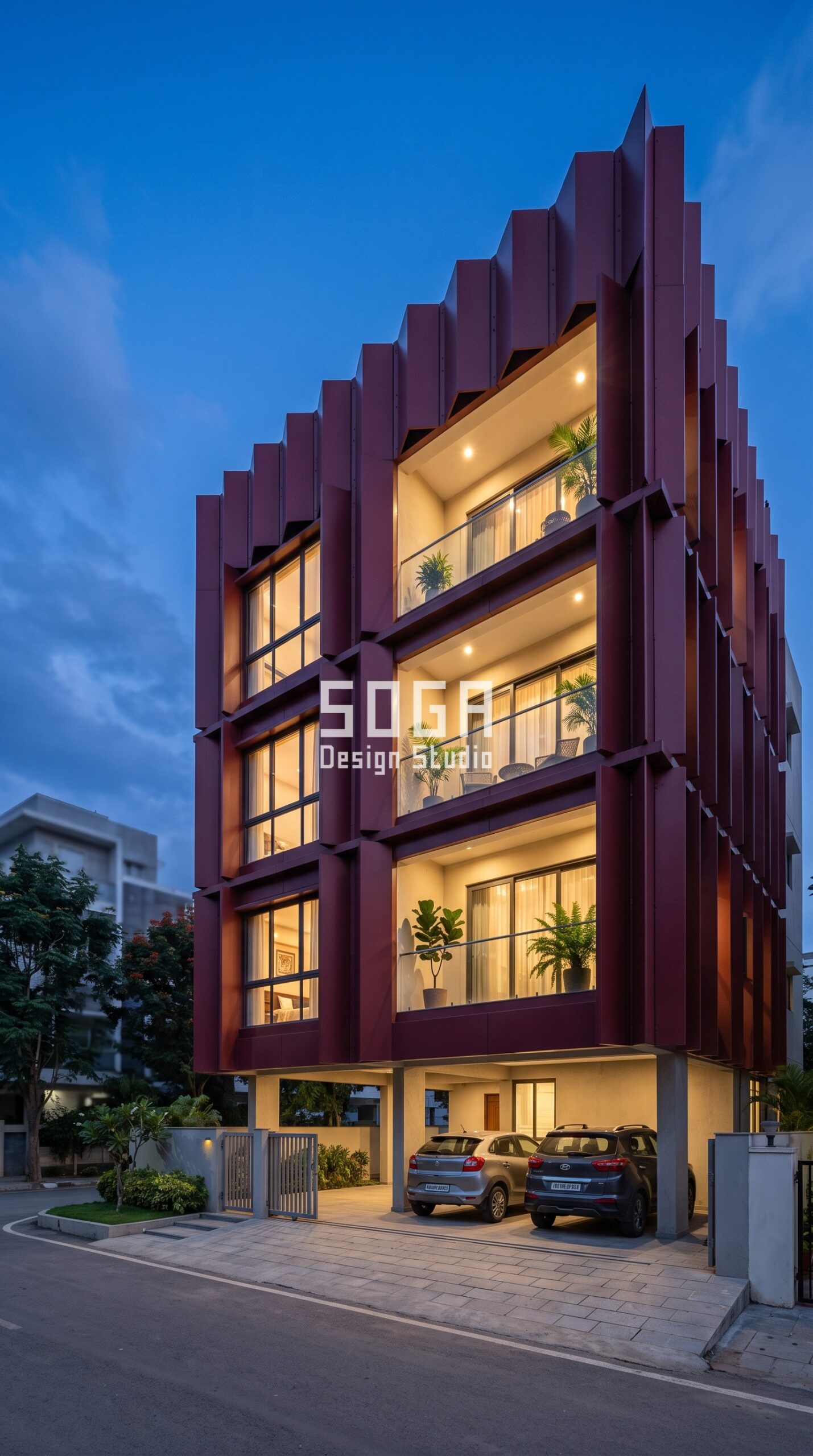 West Facing House Elevation Design: India 2026 Guide 1 Parametric Concertina Fold Grid matte rich burgundy wine-red ACP panels facade Hyderabad - SOGA Design Studio
