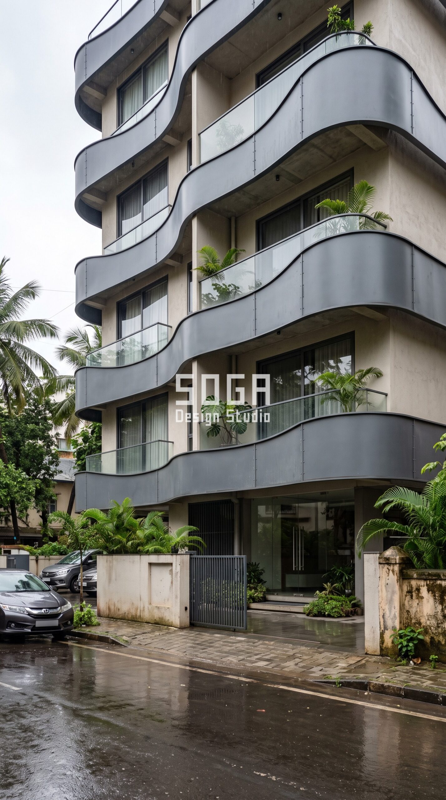 West Facing House Elevation Design: India 2026 Guide 2 Parametric Swell-Band Shell ral 7015 slate grey steel facade, Bandra West, Mumbai - SOGA Design Studio