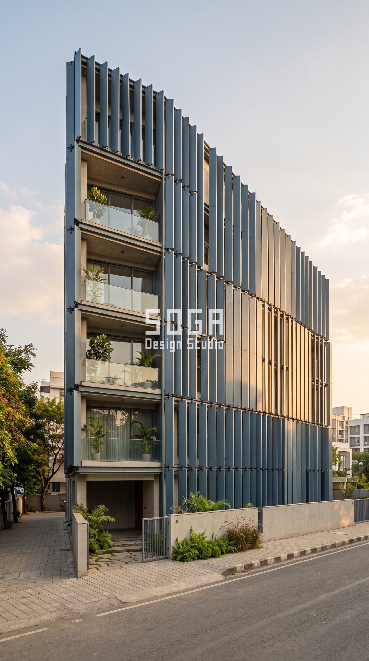West Facing House Elevation Design: India 2026 Guide 4 Parametric Quarter-Turn Weave ral 5008 slate grey blue steel facade, Aundh, Pune - SOGA Design Studio