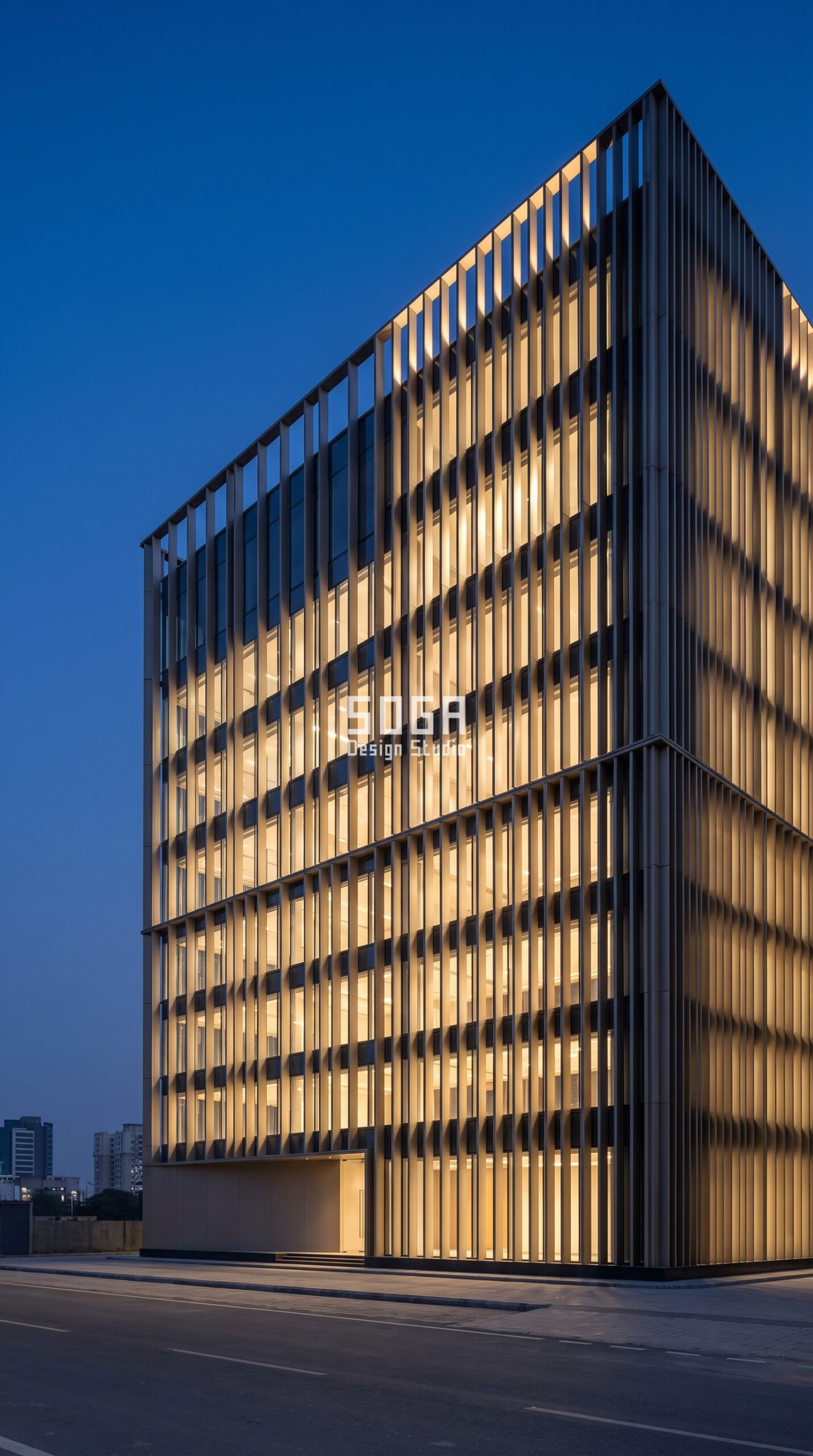 Facade Lighting Design India 2026: Night Identity 1 Parametric Halo Fin illuminated office facade at night Gurugram - SOGA Design Studio