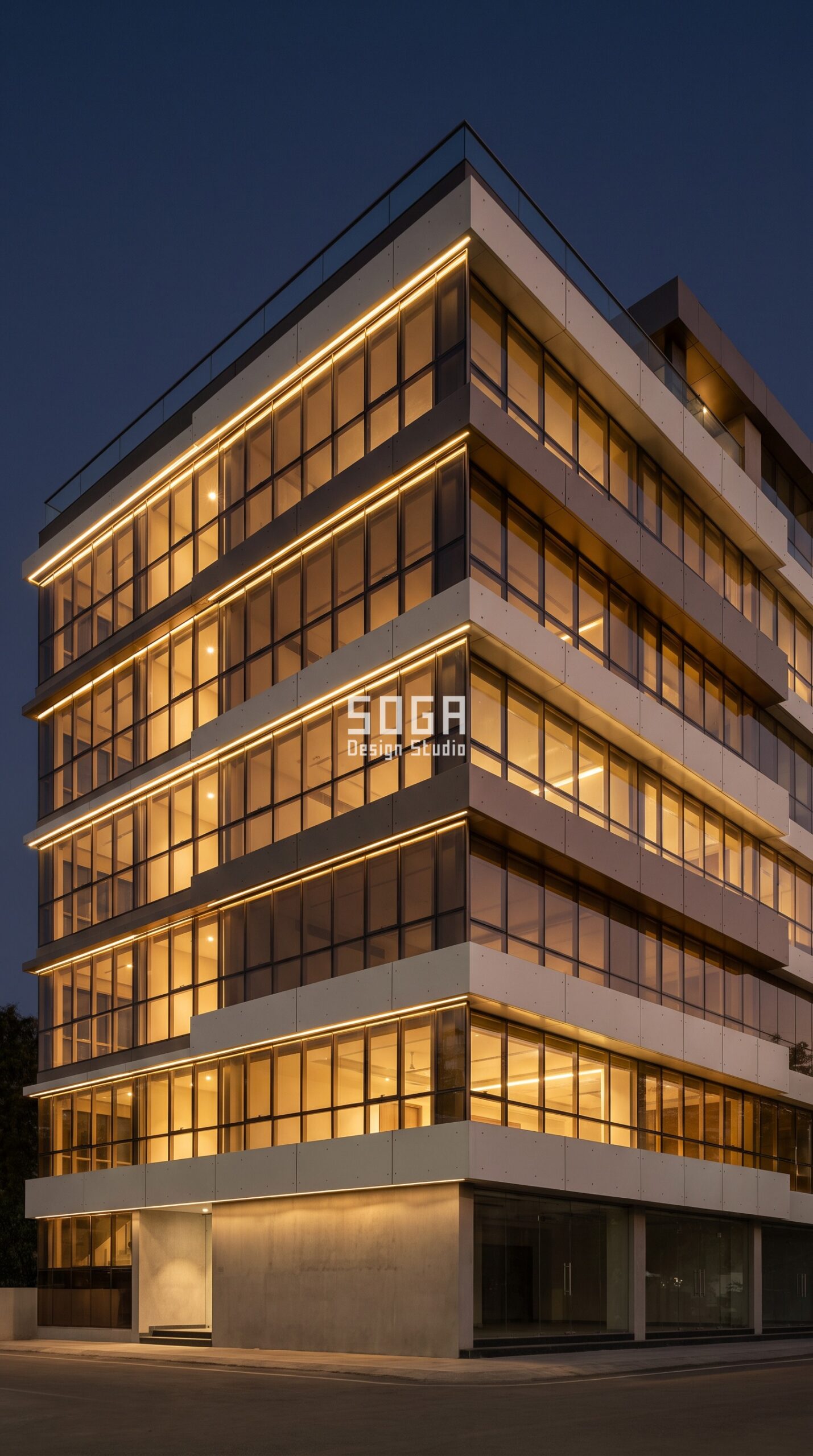 Facade Lighting Design India 2026: Night Identity 4 Parametric Ribbon Ledge linear-lit mixed-use facade at night Nagpur - SOGA Design Studio