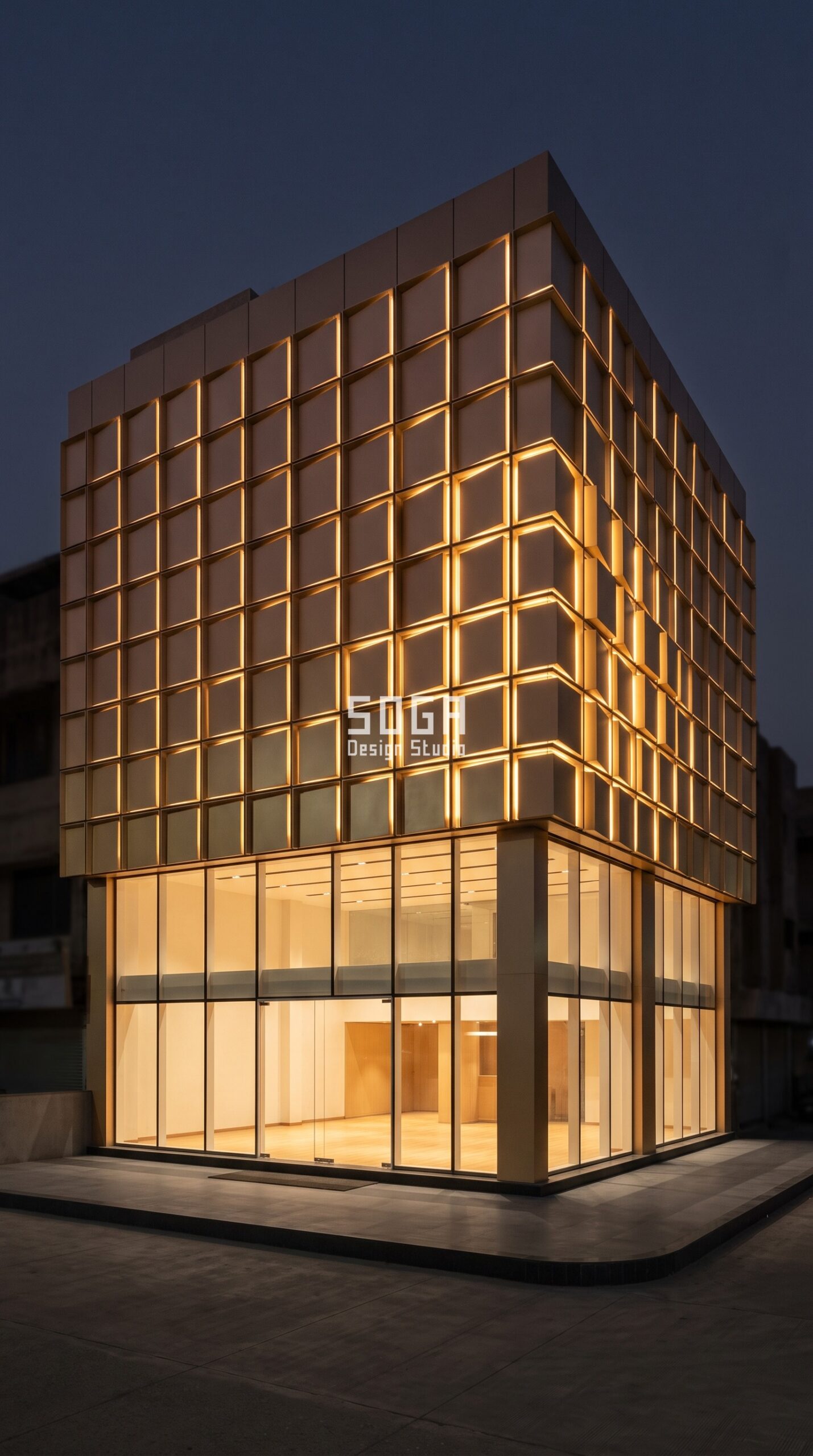 Facade Lighting Design India 2026: Night Identity 7 Parametric Lumen Cassette back-lit showroom facade at night Surat - SOGA Design Studio