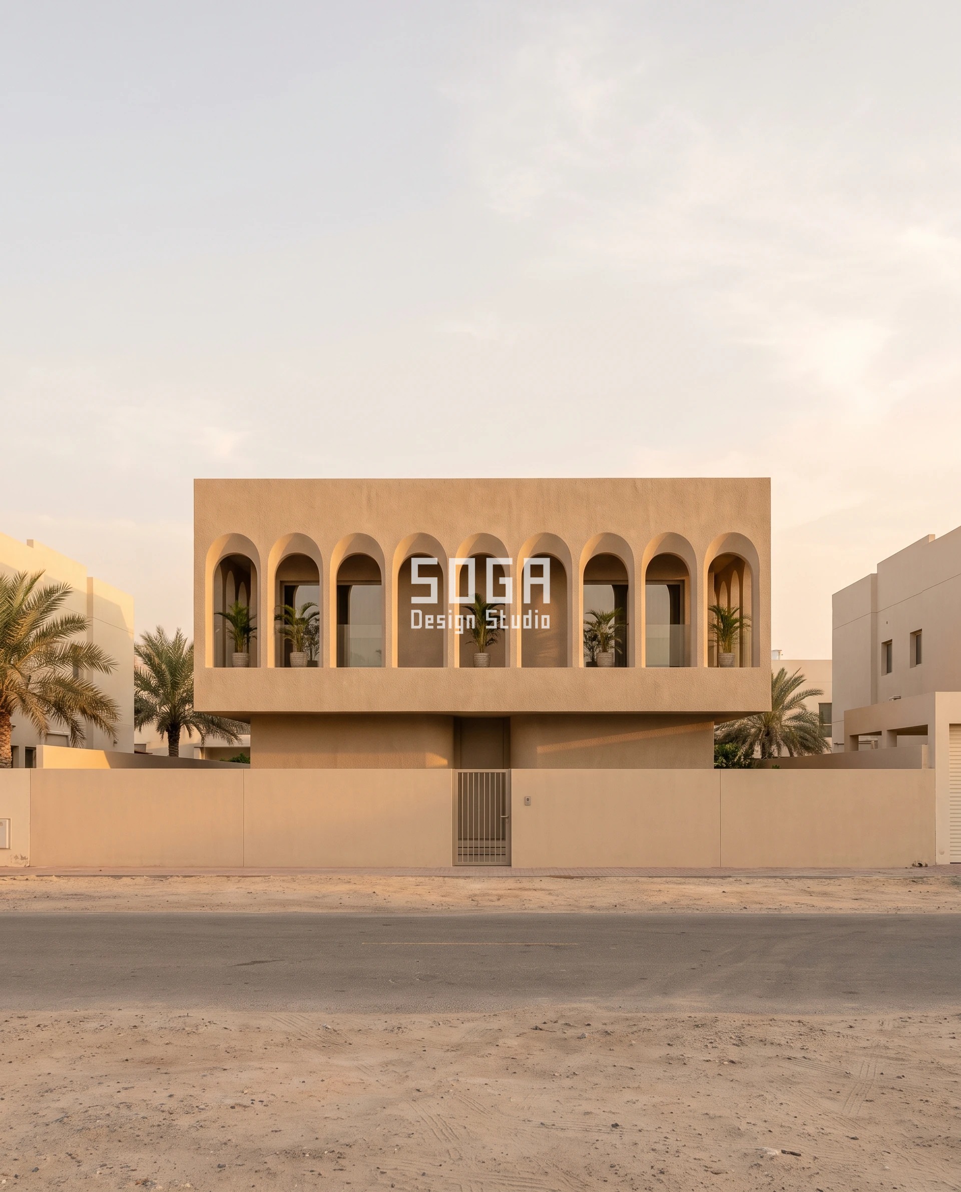 Facade Module Size by Building Height: Dubai, Singapore 2026 3 Parametric Arch Reveal facade concept in Al Barsha, Dubai - nine sand-plaster pill-arch apertures in a solid first-floor band on a 2-storey villa, arch width stepping 200 mm from 900 to 1,700 mm toward the centre - SOGA Design Studio