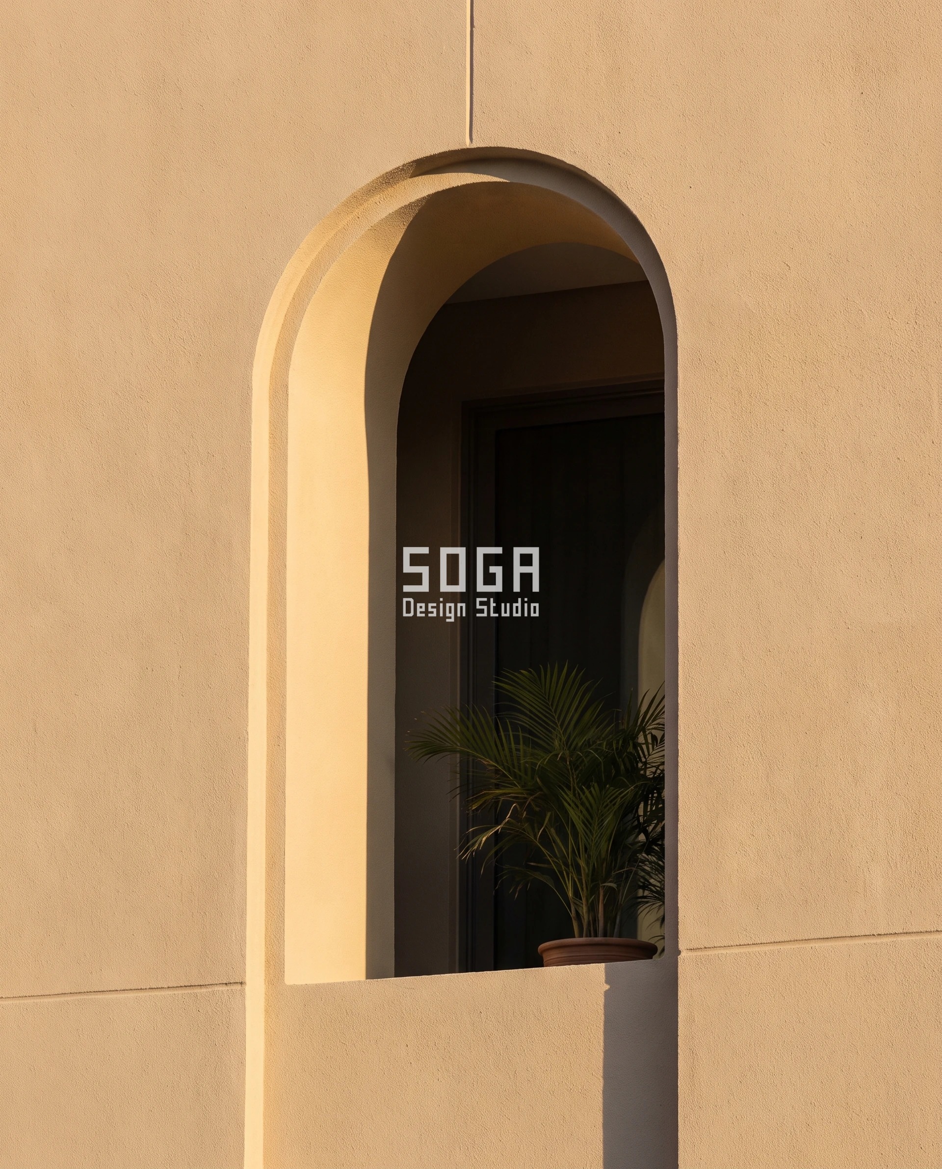 Facade Module Size by Building Height: Dubai, Singapore 2026 2 Macro detail of a Parametric Arch Reveal aperture on a 2-storey villa concept in Al Barsha, Dubai - one 1,500 mm pill-arch with a 520 mm deep plaster reveal throwing hard shadow down one cheek - SOGA Design Studio