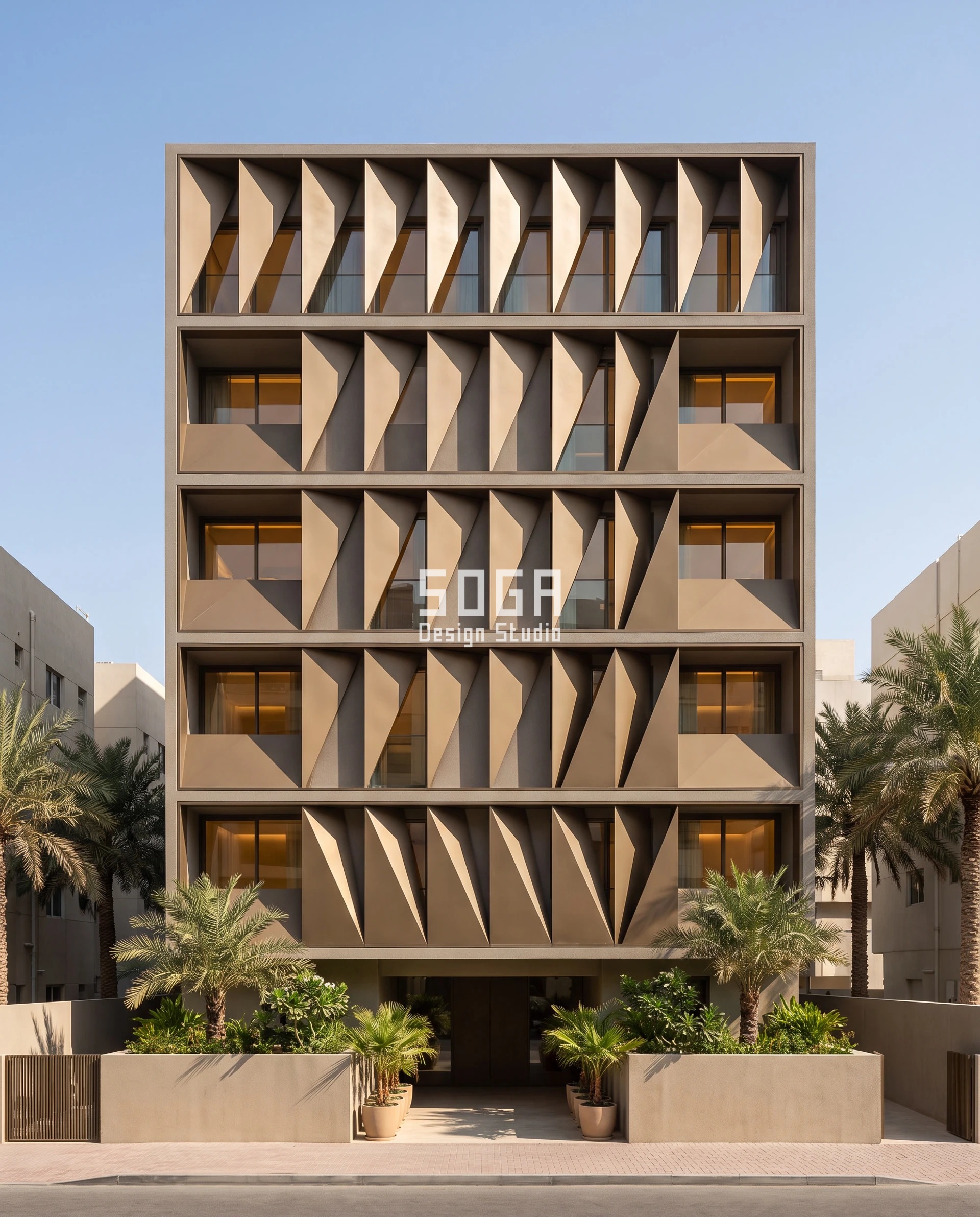 Facade Module Size by Building Height: Dubai, Singapore 2026 4 Parametric Crease Rank facade concept in Al Wasl, Dubai - bronze-tone folded metal plates at a fixed 1,150 mm pitch on a G+5 apartment building, fold angle opening 5 degrees per floor from 12 to 37 degrees - SOGA Design Studio