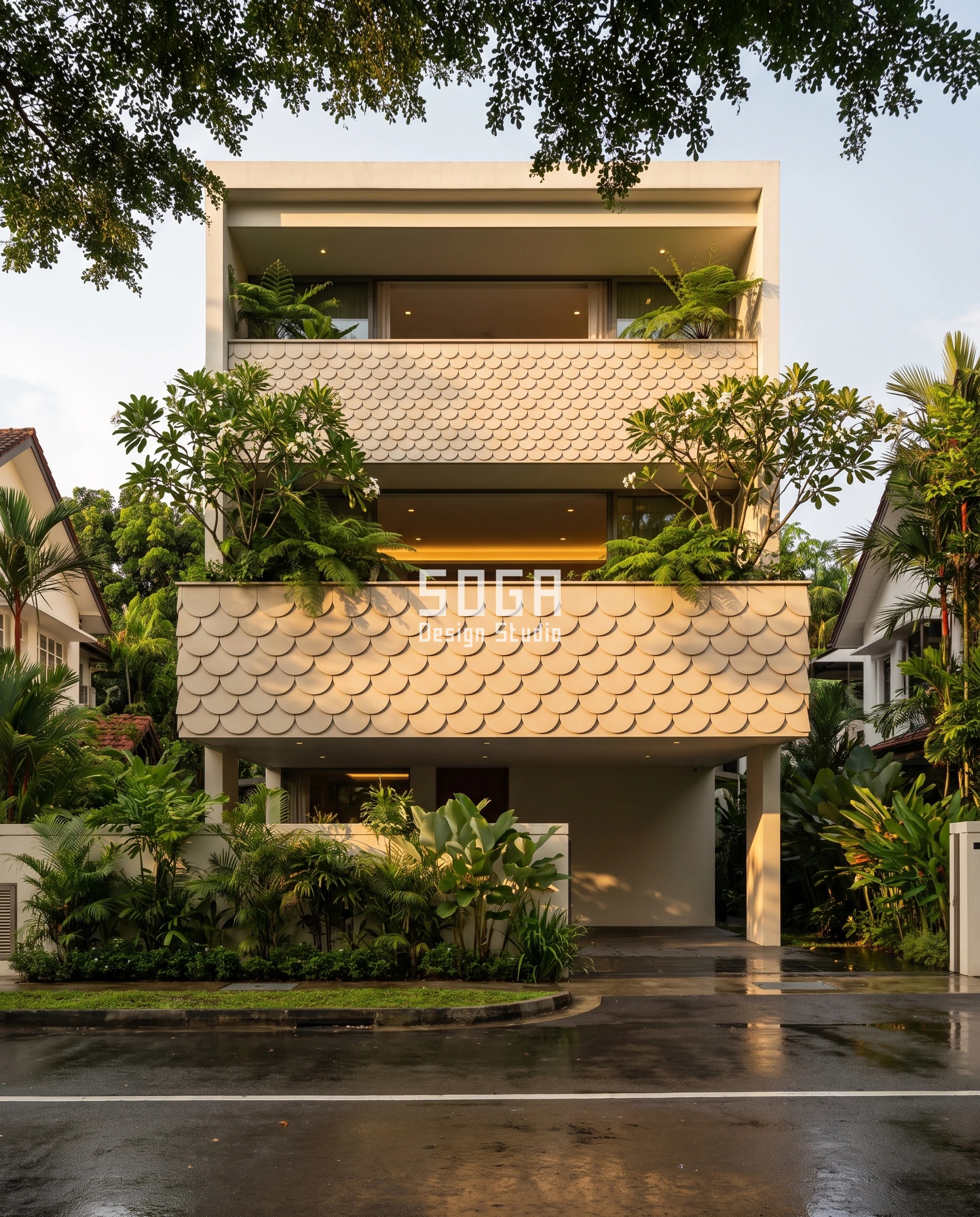 Facade Module Size by Building Height: Dubai, Singapore 2026 1 Parametric Scale Course facade concept in Bukit Timah, Singapore - sand-cream ceramic fish-scale shingles at a fixed 300 mm pitch on a 3-storey house, shingle width graded 280 to 380 mm across two balcony bands - SOGA Design Studio
