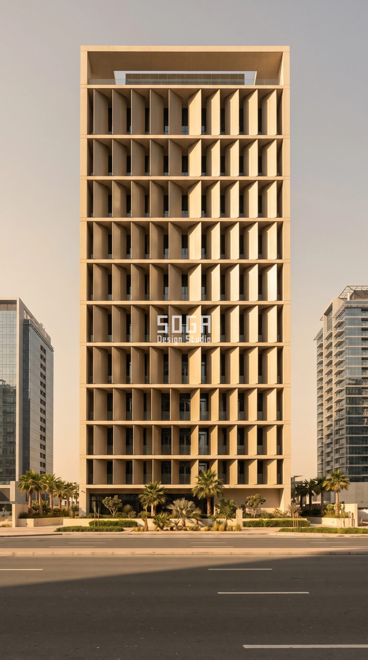 Facade Module Size by Building Height: Dubai, Singapore 2026 7 Parametric Blade Width Rank facade concept in Business Bay, Dubai - champagne-tone metal blades a full storey tall on a fixed 2,900 mm bay on a G+22 residential tower, blade width stepping 50 mm per floor so the gap closes from 1,300 to 200 mm - SOGA Design Studio