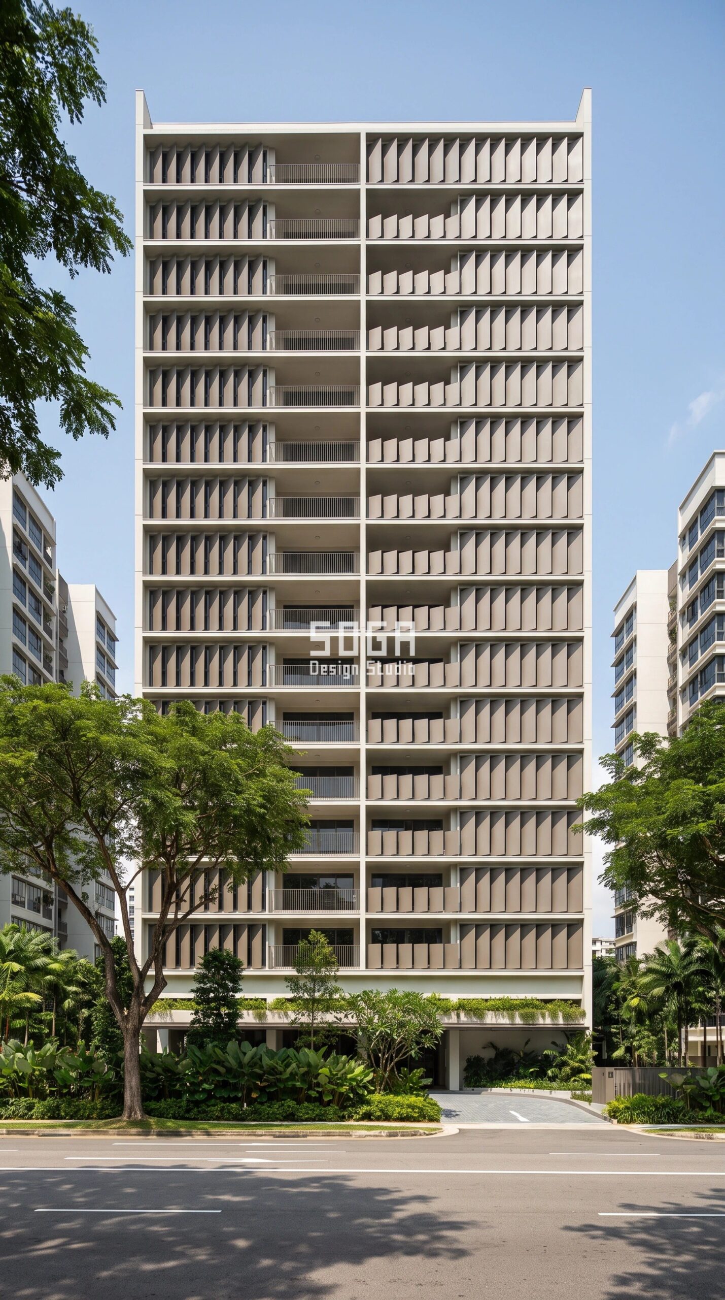 Facade Module Size by Building Height: Dubai, Singapore 2026 6 Parametric Blade Tilt Rank facade concept in Paya Lebar, Singapore - warm-grey metal blade shingles at a fixed 1,440 mm pitch on a G+18 residential tower, blade tilt stepping 3 degrees per floor from 0 to 54 degrees - SOGA Design Studio
