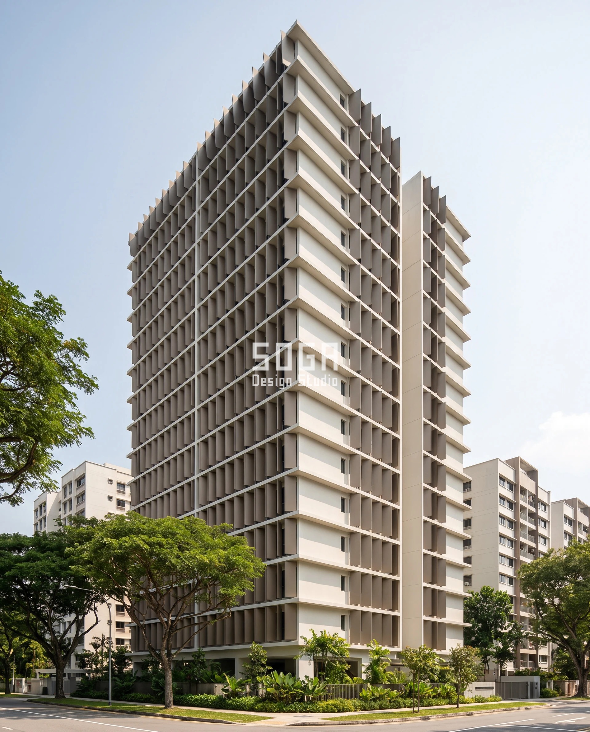 Facade Module Size by Building Height: Dubai, Singapore 2026 8 Corner three-quarter view of the Parametric Blade Tilt Rank facade concept on a G+18 residential tower in Paya Lebar, Singapore - tilted warm-grey metal blades closing into a solid band when the tower is read obliquely - SOGA Design Studio