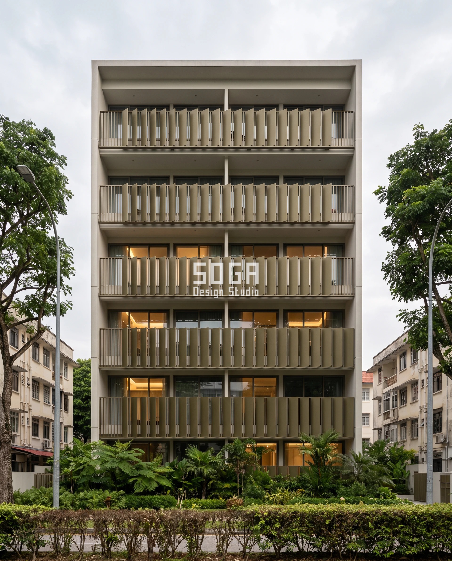 Facade Module Size by Building Height: Dubai, Singapore 2026 5 Parametric Fin Depth Rank facade concept in Tiong Bahru, Singapore - olive-bronze anodised metal fins at a fixed 1,050 mm pitch on a G+6 boutique condominium, projection stepping 60 mm per floor from 180 to 540 mm - SOGA Design Studio