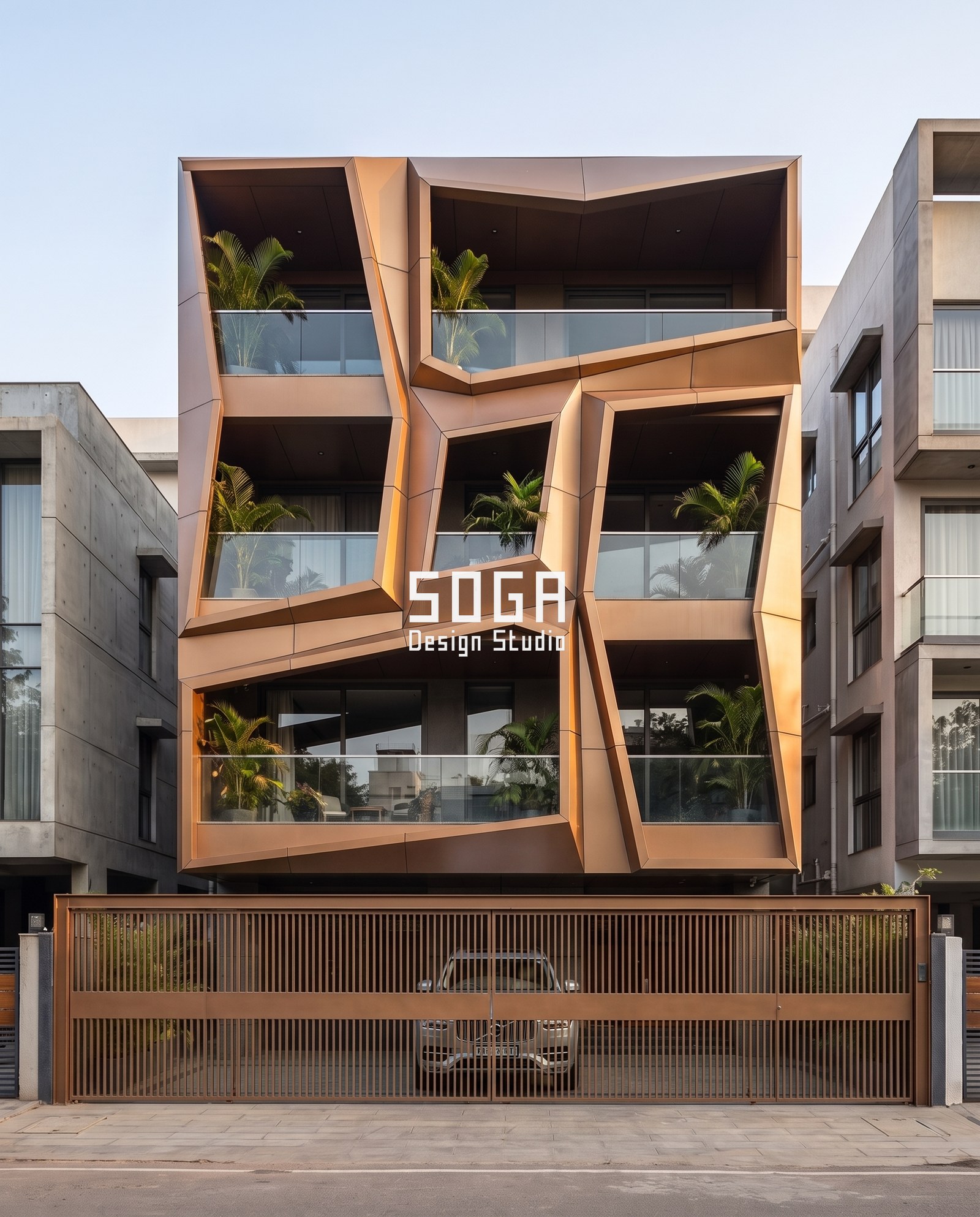 Facade Fabrication in India: 6 Built Projects 2026 2 Angular faceted metal balcony frames each a different shape - built residence in India - SOGA Design Studio