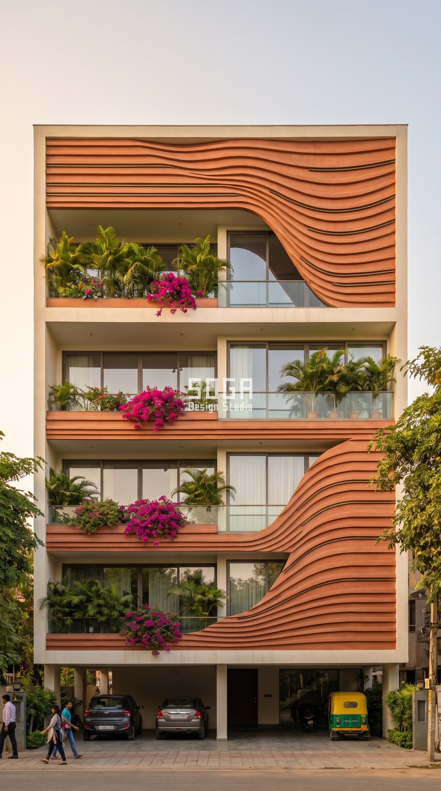 Ferrocement Facade Design in India 2026: 10 Concepts 7 Cast course corbel relief in ferrocement - stilt parking house facade design Ahmedabad - SOGA Design Studio