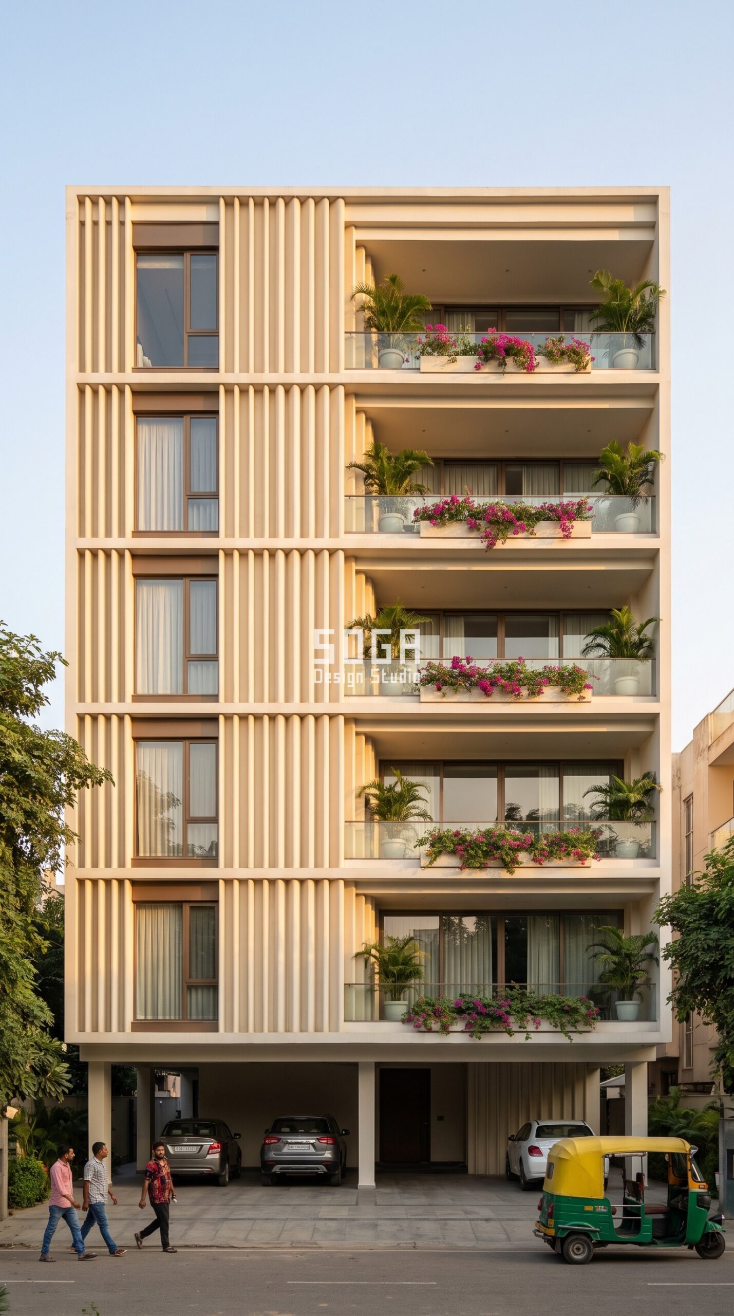 Ferrocement Facade Design in India 2026: 10 Concepts 4 Vertical fluted skin in ferrocement - stilt parking house facade design Chennai - SOGA Design Studio