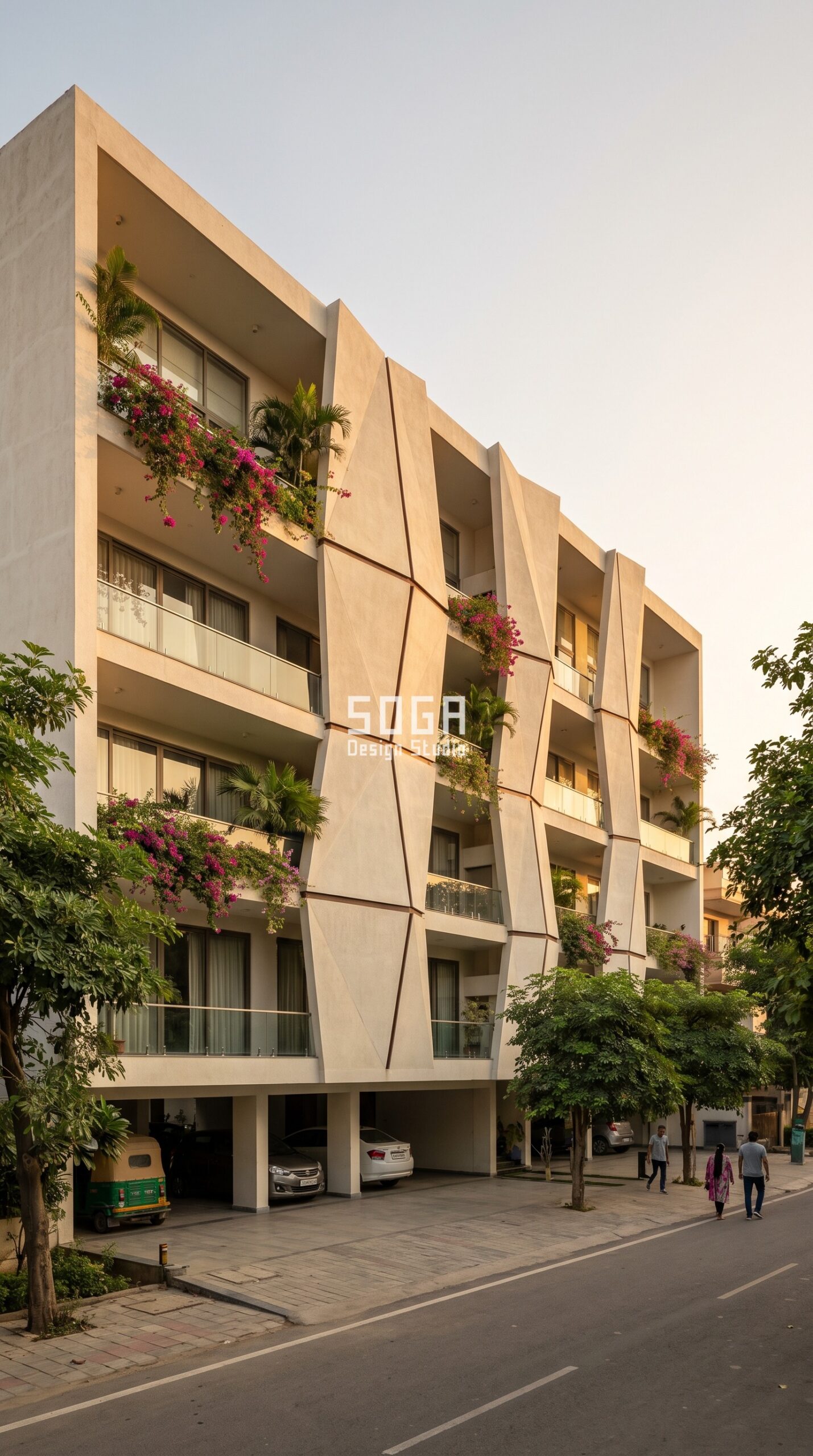 Ferrocement Facade Design in India 2026: 10 Concepts 3 Folded faceted origami skin in ferrocement - stilt parking house facade design Hyderabad - SOGA Design Studio