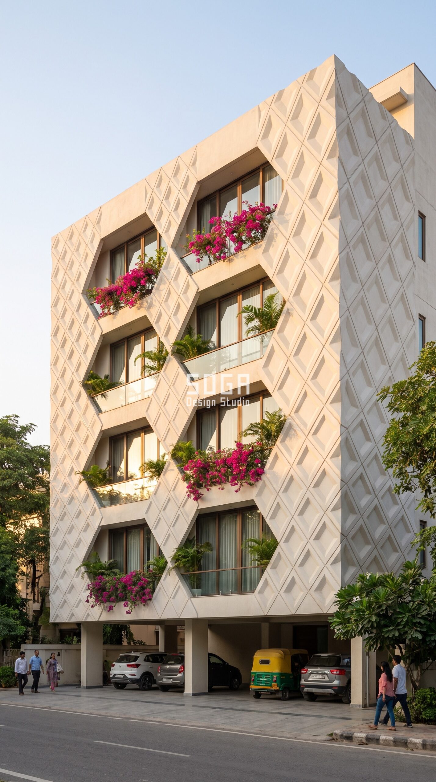 Ferrocement Facade Design in India 2026: 10 Concepts 5 Diamond quilted relief in ferrocement - stilt parking house facade design Jaipur - SOGA Design Studio