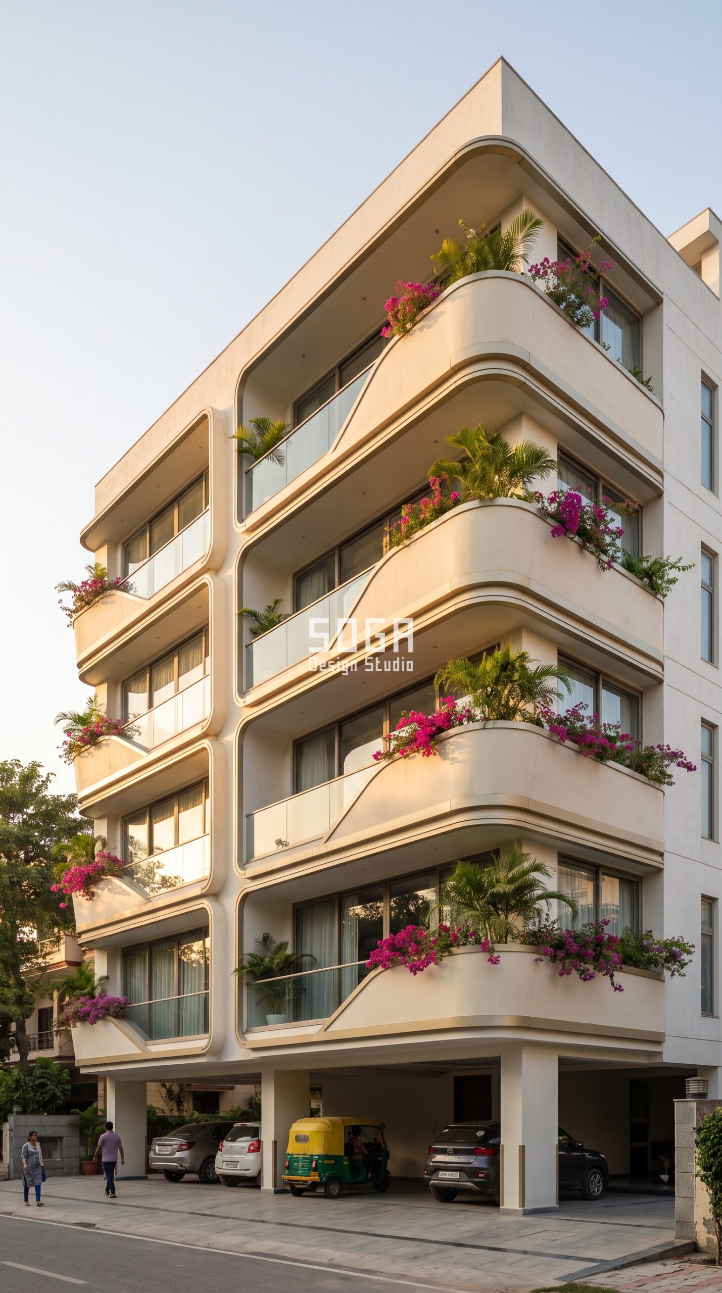 Ferrocement Facade Design in India 2026: 10 Concepts 8 Flared ferrocement balcony boxes in ferrocement - stilt parking house facade design Kochi - SOGA Design Studio