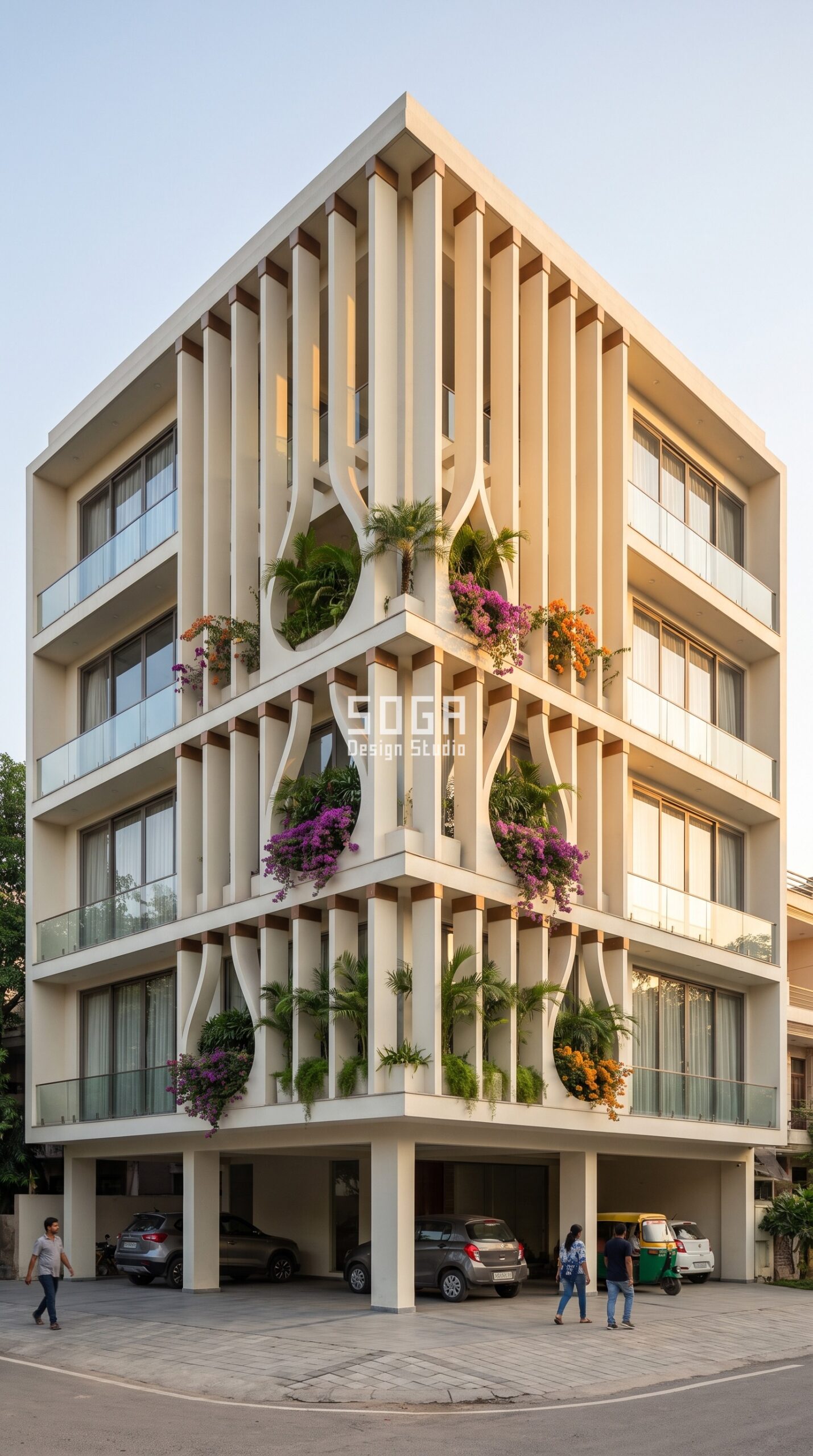 Ferrocement Facade Design in India 2026: 10 Concepts 9 Vertical ferrocement fins with carved voids in ferrocement - stilt parking house facade design Lucknow - SOGA Design Studio