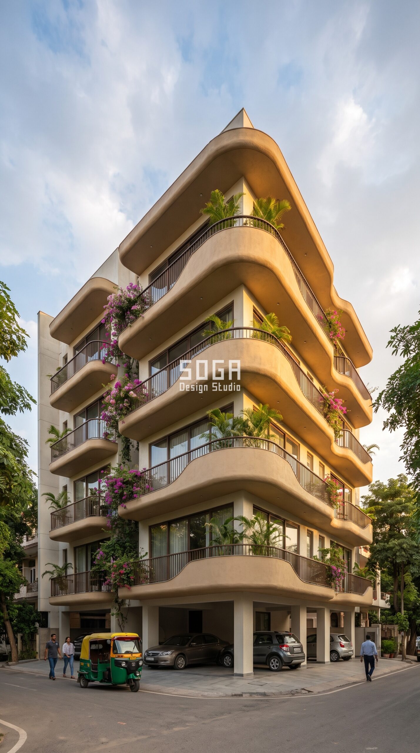 Ferrocement Facade Design in India 2026: 10 Concepts 1 Organic curved balcony ribbons in ferrocement - stilt parking house facade design Mumbai - SOGA Design Studio