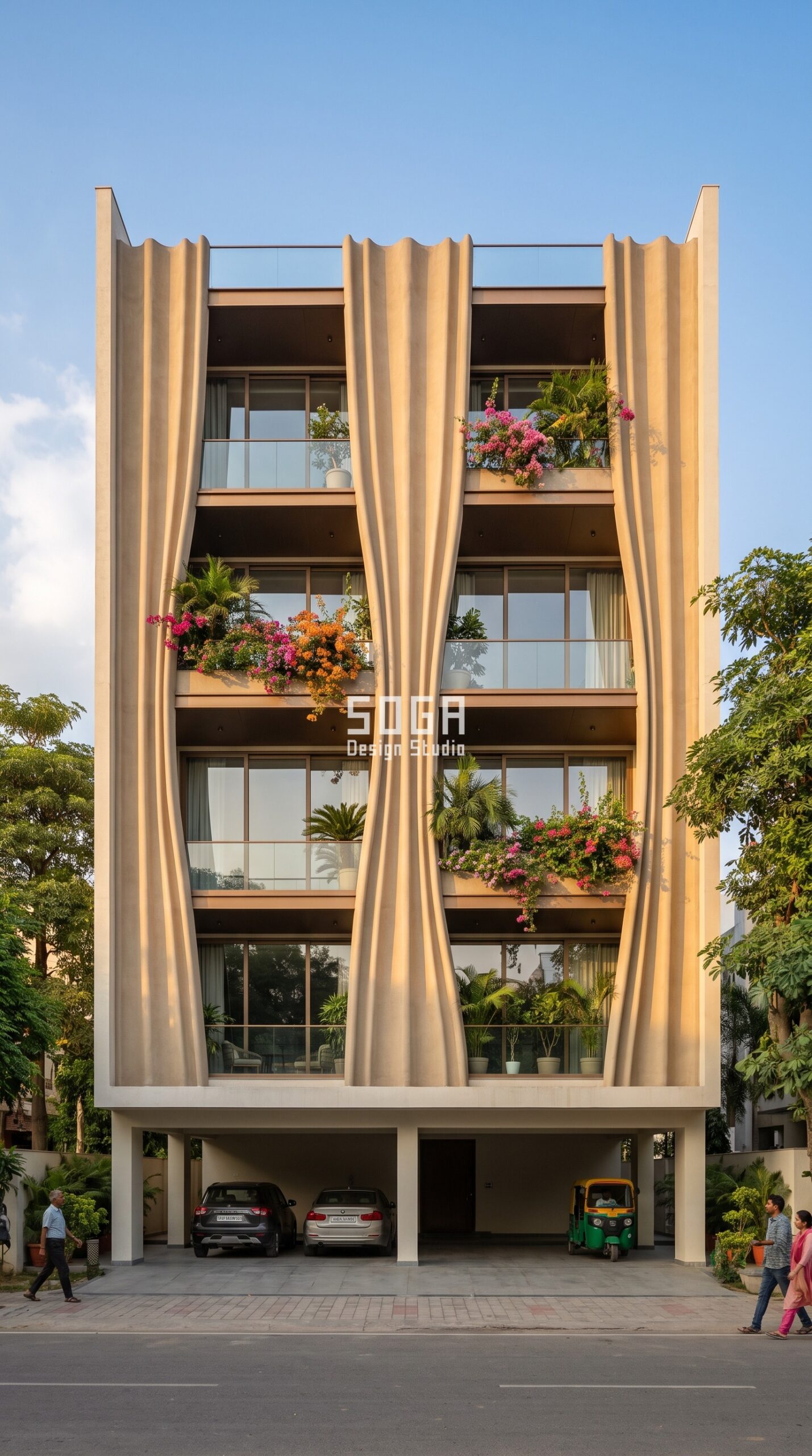 Ferrocement Facade Design in India 2026: 10 Concepts 6 Draped curtain folds in ferrocement - stilt parking house facade design Pune - SOGA Design Studio