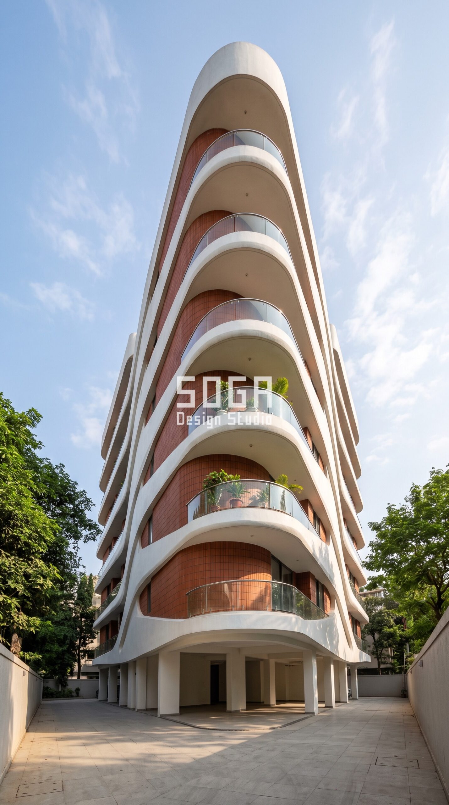 Fluid Concrete Facade Design in India 2026: 5 Concepts 1 Flowing curved GFRC concrete and terracotta facade, G+7 residential building, Prabhadevi Mumbai - SOGA Design Studio